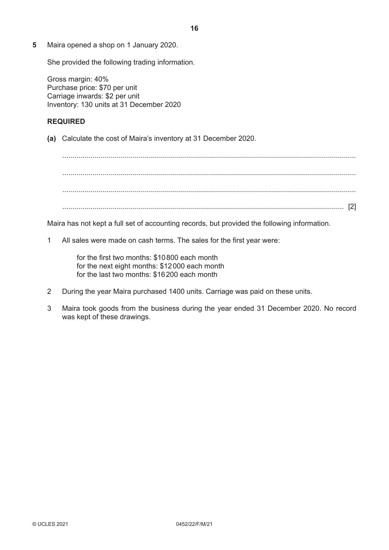 Cambridge IGCSE Accounting 0452 2021 Feb/March Paper 2 · Variant 2 question paper, page 16 of 20