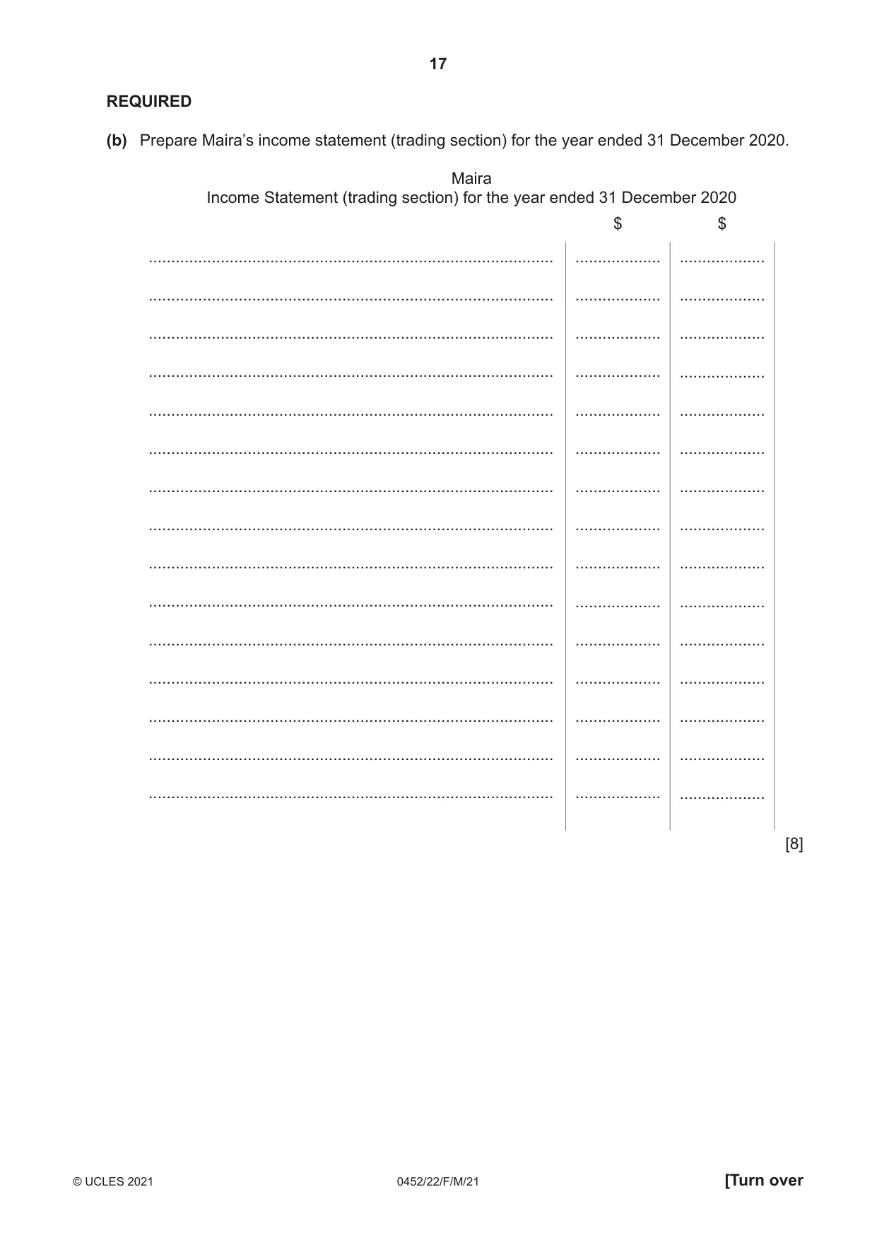 Cambridge IGCSE Accounting 0452 2021 Feb/March Paper 2 · Variant 2 question paper, page 17 of 20