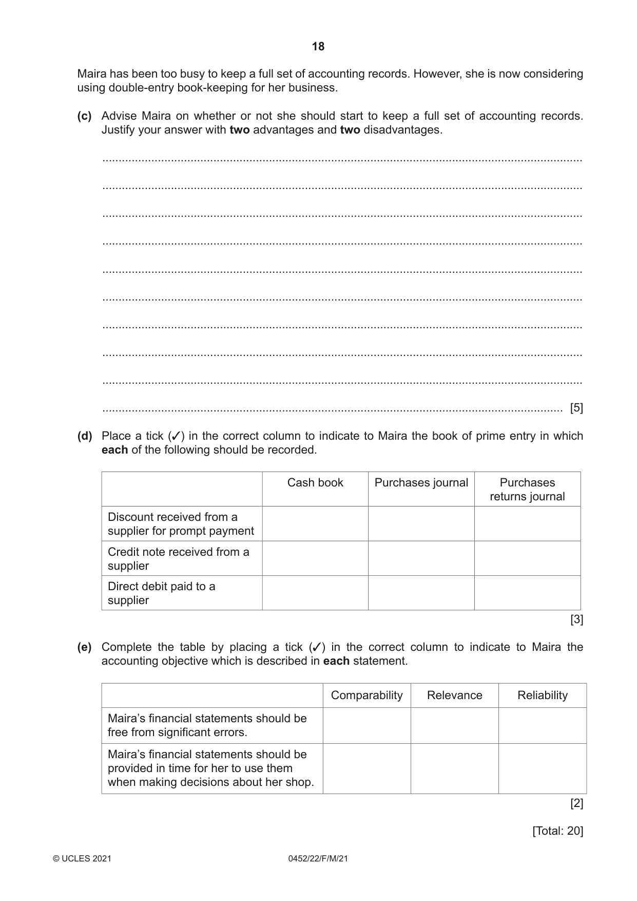 Cambridge IGCSE Accounting 0452 2021 Feb/March Paper 2 · Variant 2 question paper, page 18 of 20