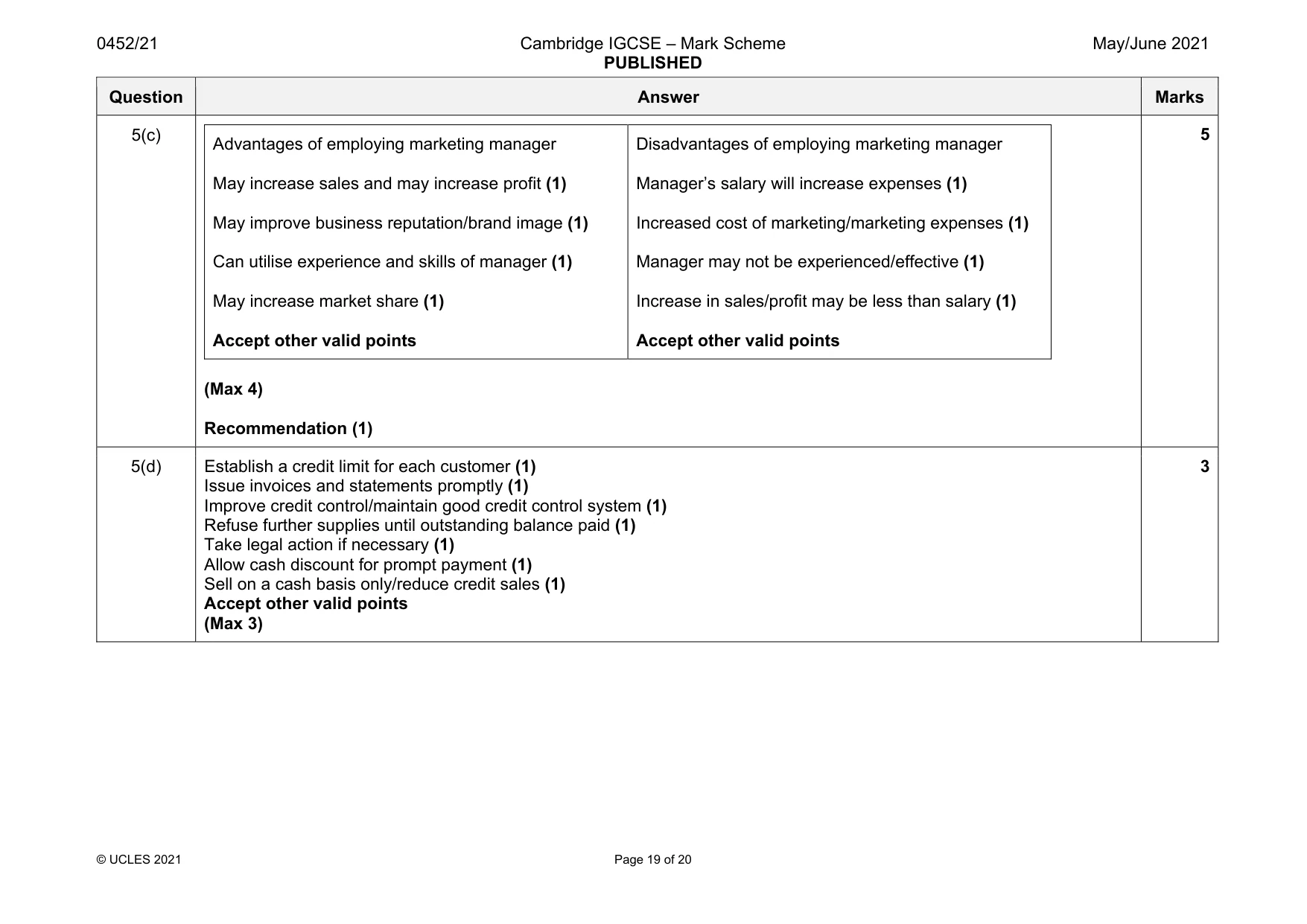 Mark scheme, page 19 of 20