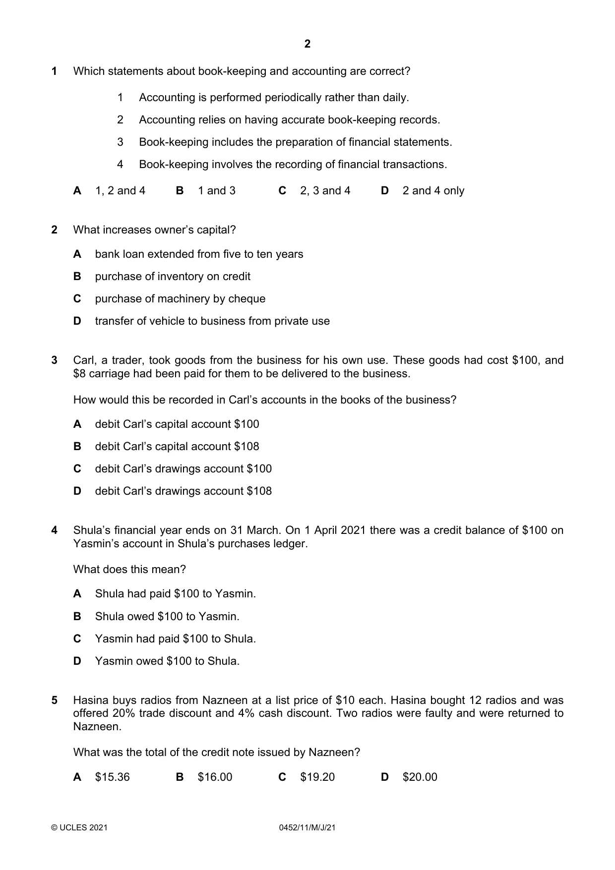 Cambridge IGCSE Accounting 0452 2021 May/June Paper 1 · Variant 1 question paper, page 2 of 12