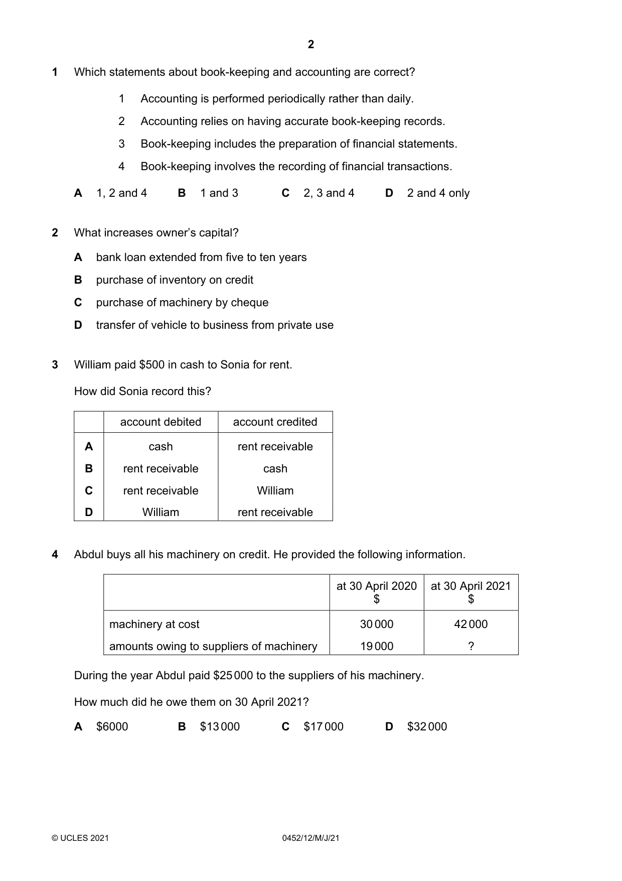 Cambridge IGCSE Accounting 0452 2021 May/June Paper 1 · Variant 2 question paper, page 2 of 12