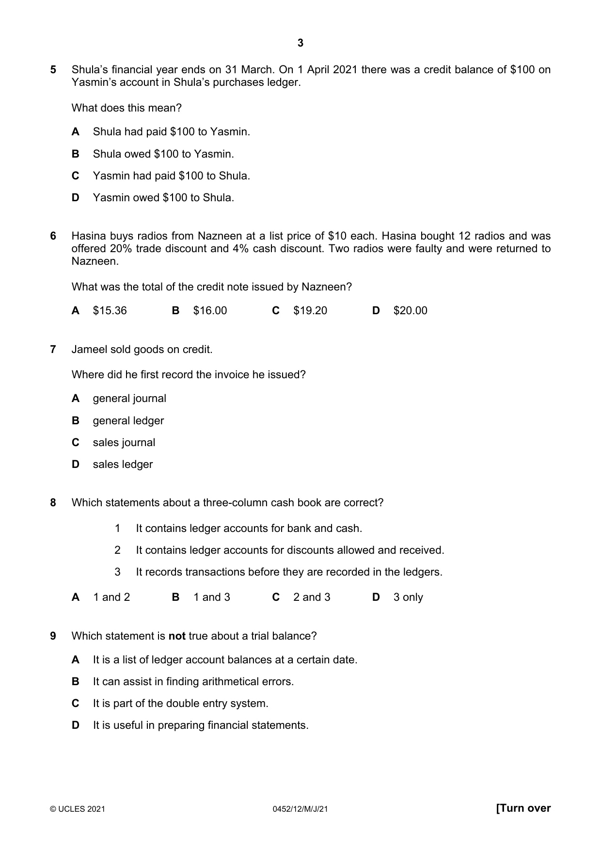 Cambridge IGCSE Accounting 0452 2021 May/June Paper 1 · Variant 2 question paper, page 3 of 12