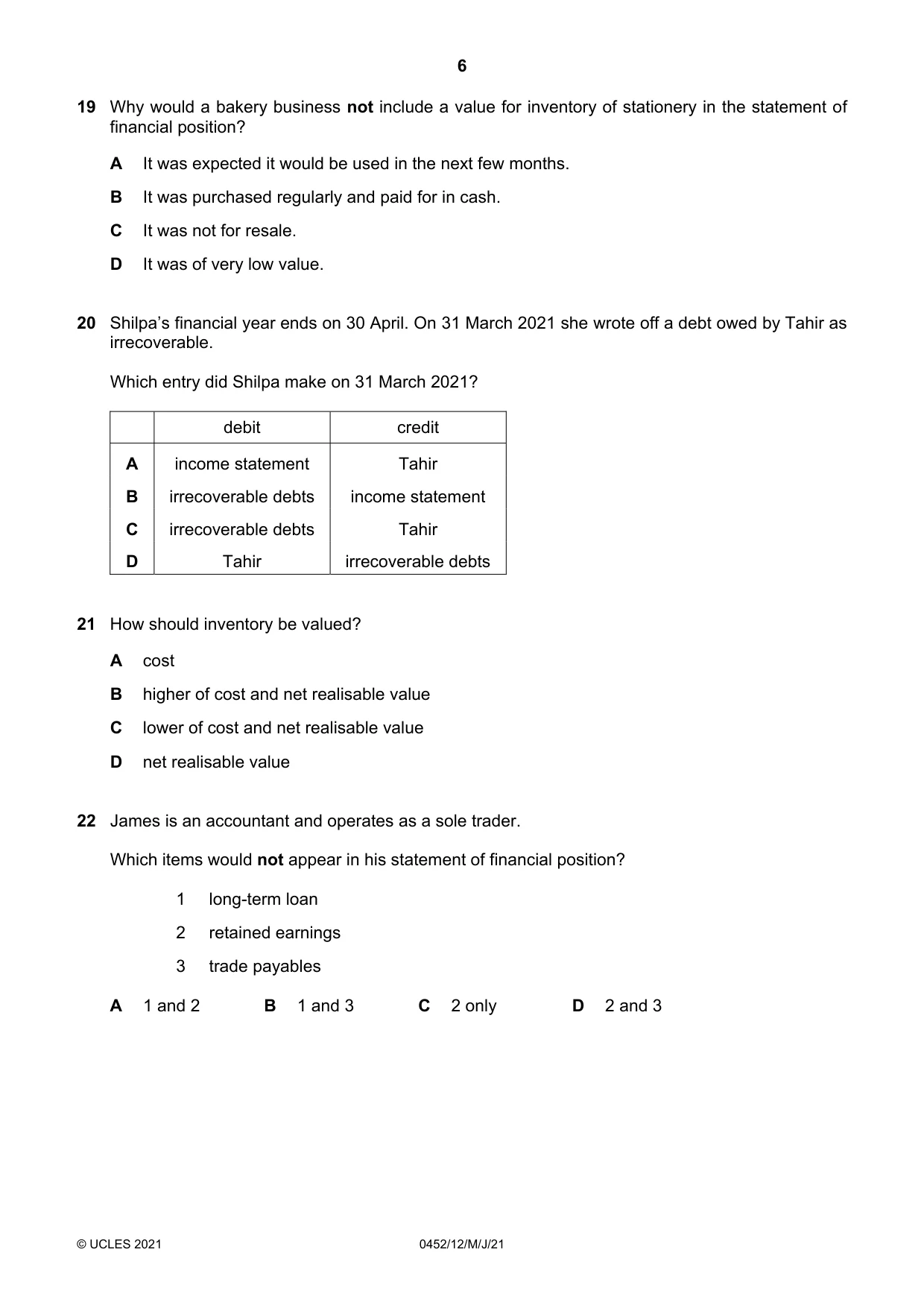 Cambridge IGCSE Accounting 0452 2021 May/June Paper 1 · Variant 2 question paper, page 6 of 12
