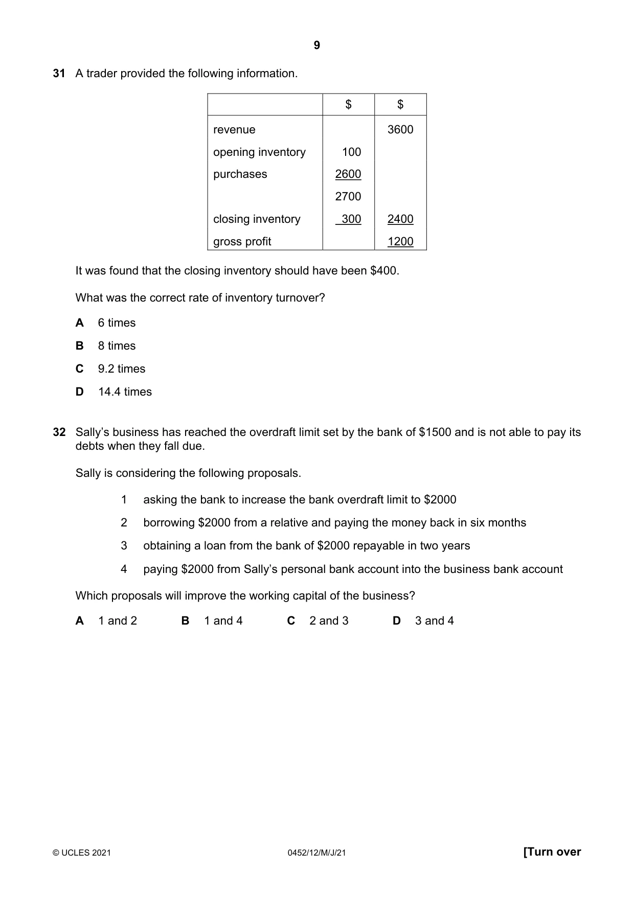 Cambridge IGCSE Accounting 0452 2021 May/June Paper 1 · Variant 2 question paper, page 9 of 12