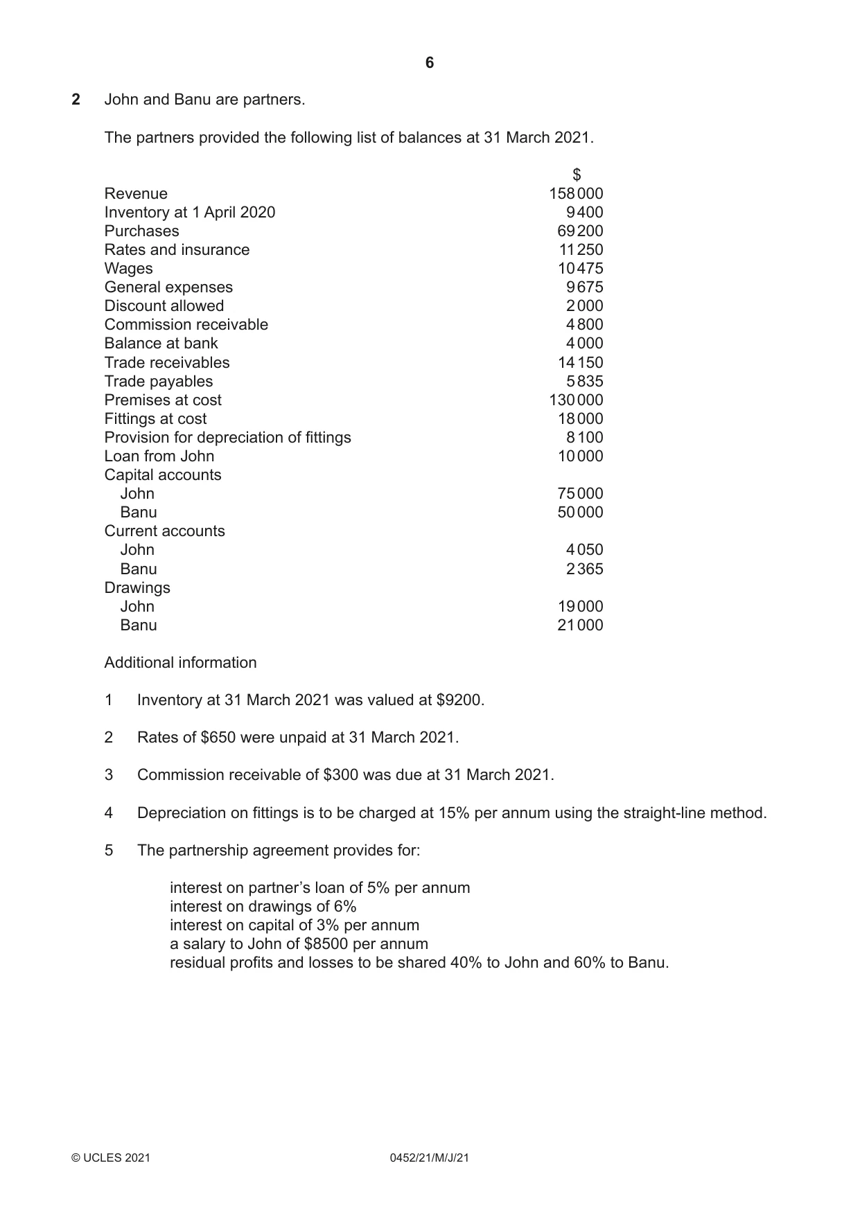 Cambridge IGCSE Accounting 0452 2021 May/June Paper 2 · Variant 1 question paper, page 6 of 24