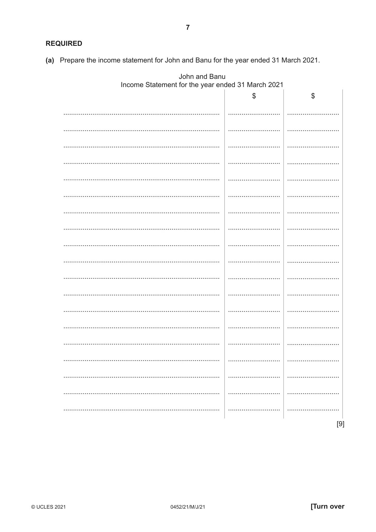 Cambridge IGCSE Accounting 0452 2021 May/June Paper 2 · Variant 1 question paper, page 7 of 24