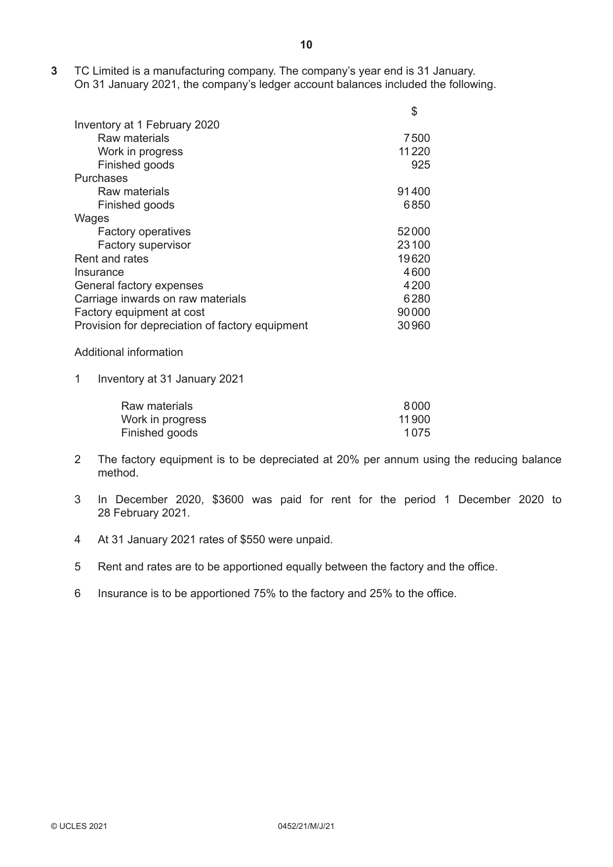 Cambridge IGCSE Accounting 0452 2021 May/June Paper 2 · Variant 1 question paper, page 10 of 24
