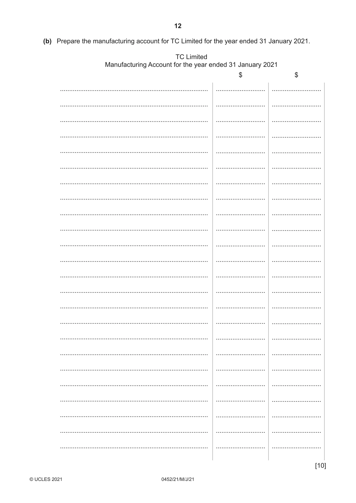 Cambridge IGCSE Accounting 0452 2021 May/June Paper 2 · Variant 1 question paper, page 12 of 24