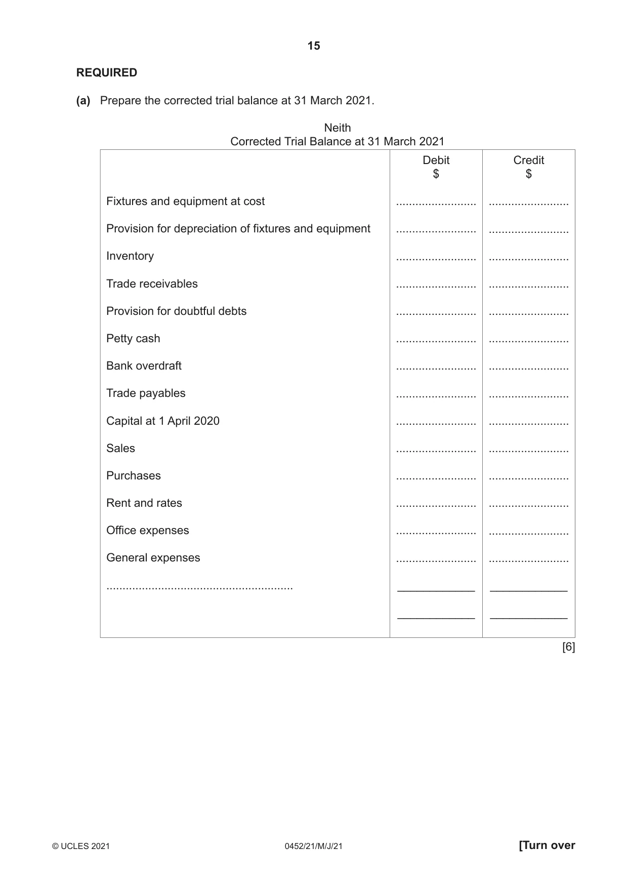 Cambridge IGCSE Accounting 0452 2021 May/June Paper 2 · Variant 1 question paper, page 15 of 24