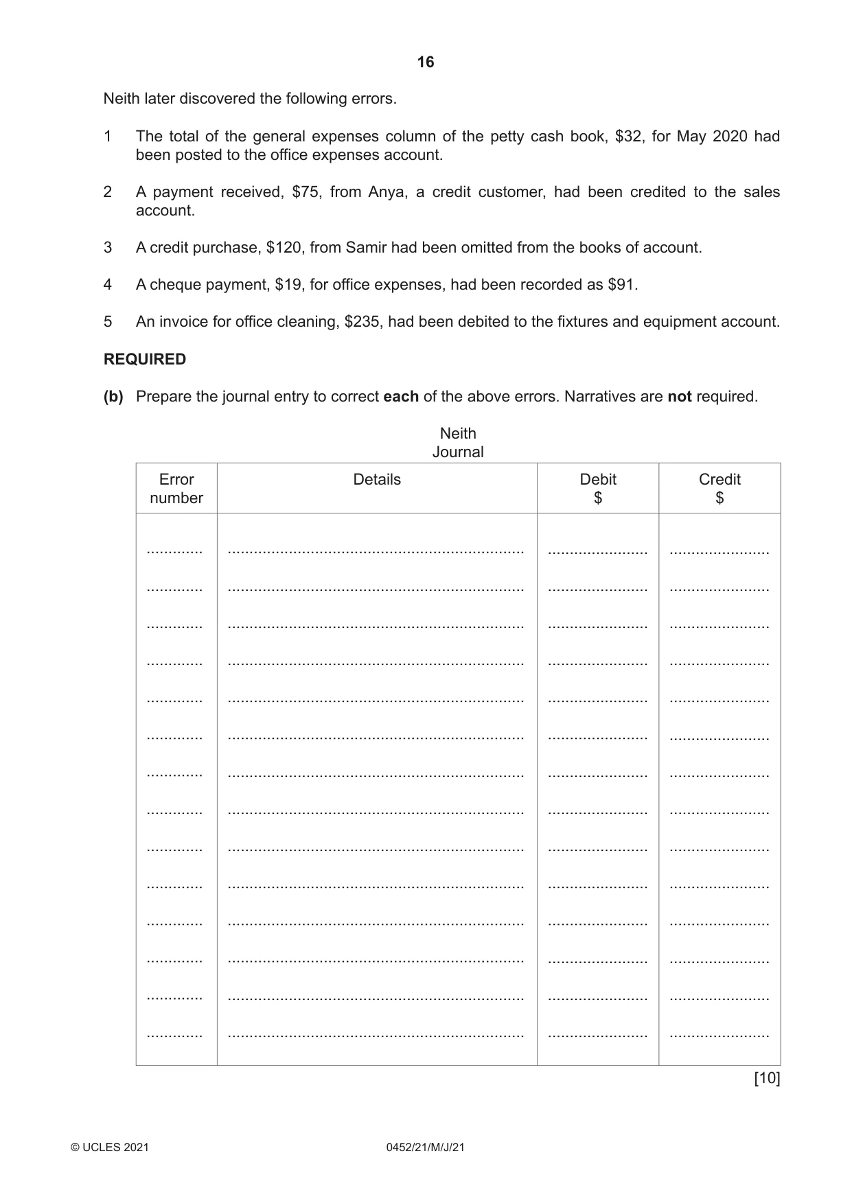 Cambridge IGCSE Accounting 0452 2021 May/June Paper 2 · Variant 1 question paper, page 16 of 24