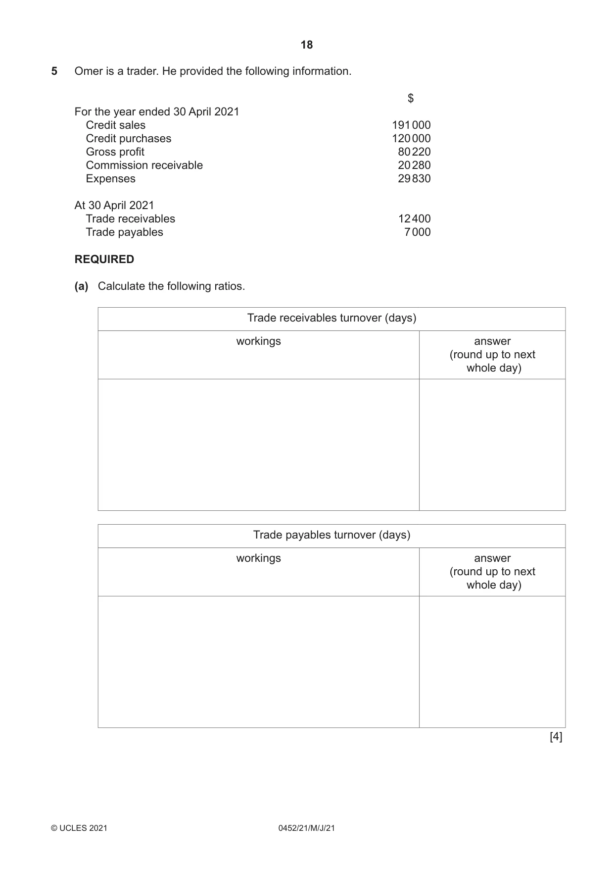 Cambridge IGCSE Accounting 0452 2021 May/June Paper 2 · Variant 1 question paper, page 18 of 24