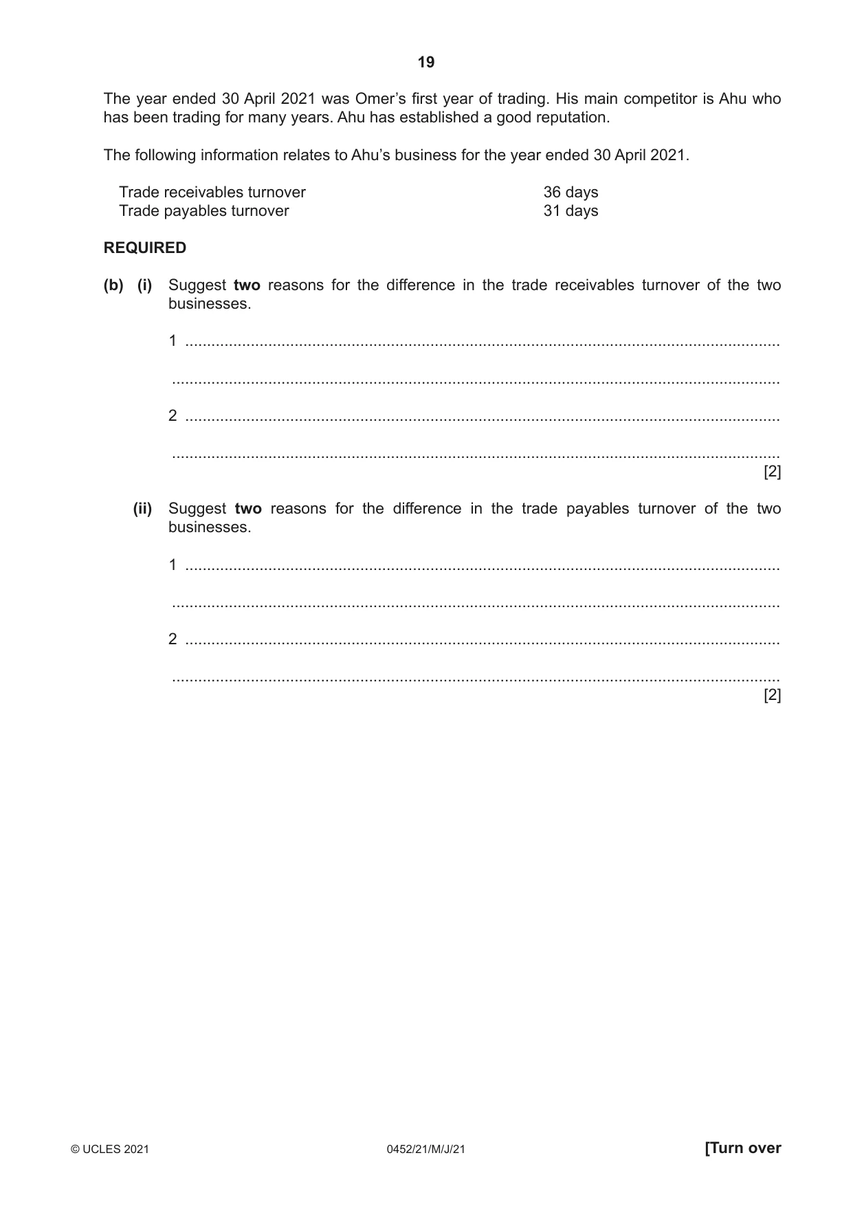 Cambridge IGCSE Accounting 0452 2021 May/June Paper 2 · Variant 1 question paper, page 19 of 24