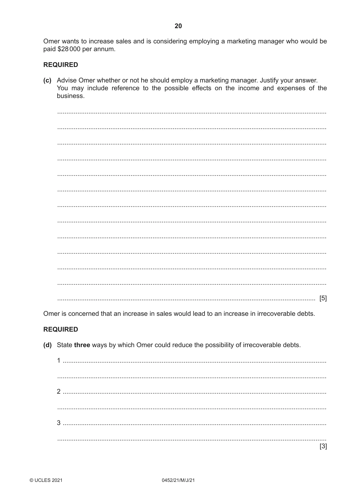 Cambridge IGCSE Accounting 0452 2021 May/June Paper 2 · Variant 1 question paper, page 20 of 24