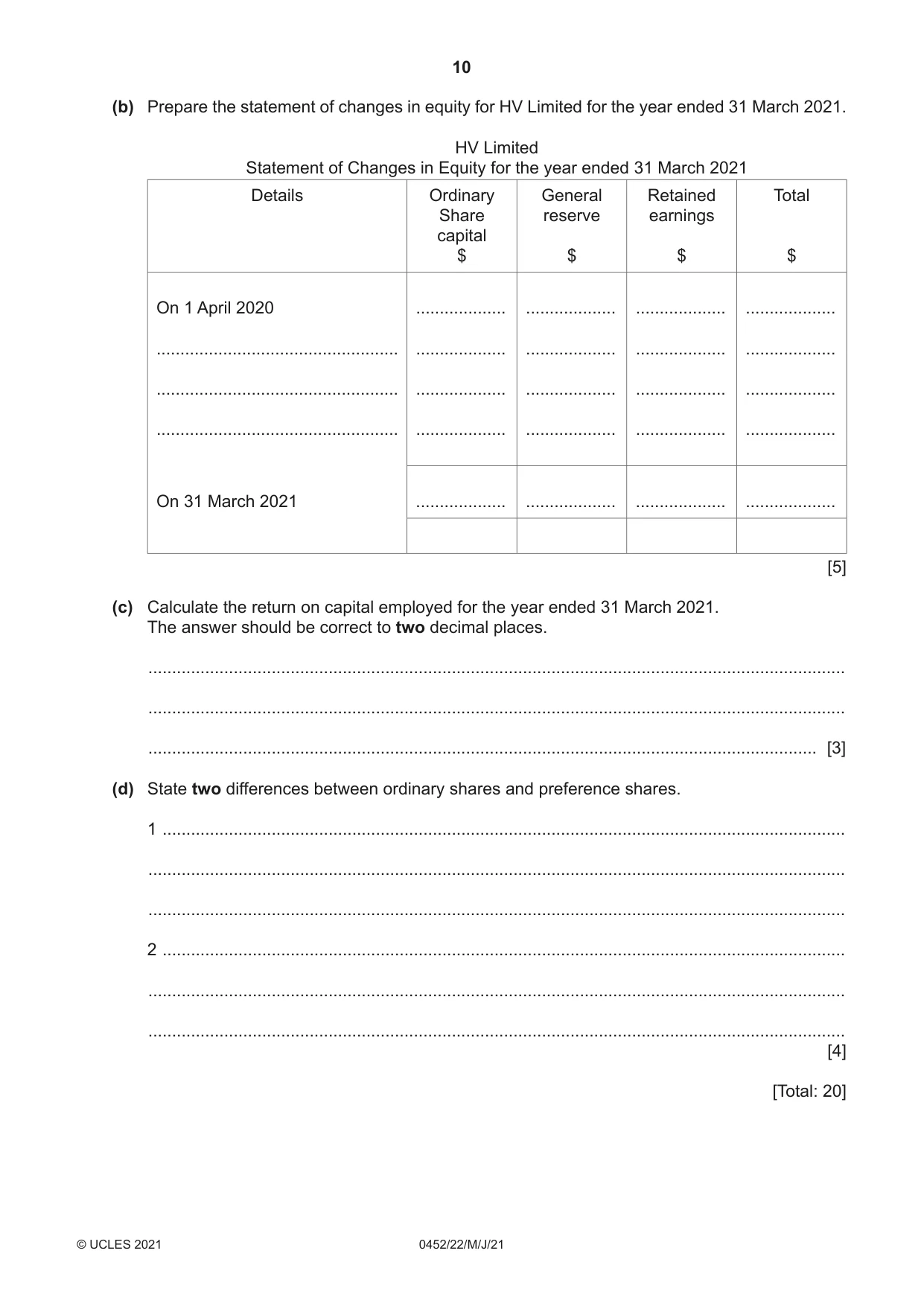 Cambridge IGCSE Accounting 0452 2021 May/June Paper 2 · Variant 2 question paper, page 10 of 16