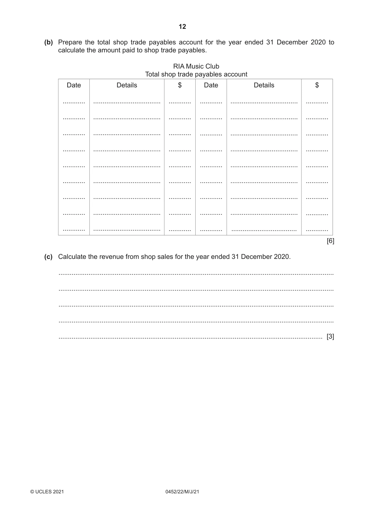 Cambridge IGCSE Accounting 0452 2021 May/June Paper 2 · Variant 2 question paper, page 12 of 16