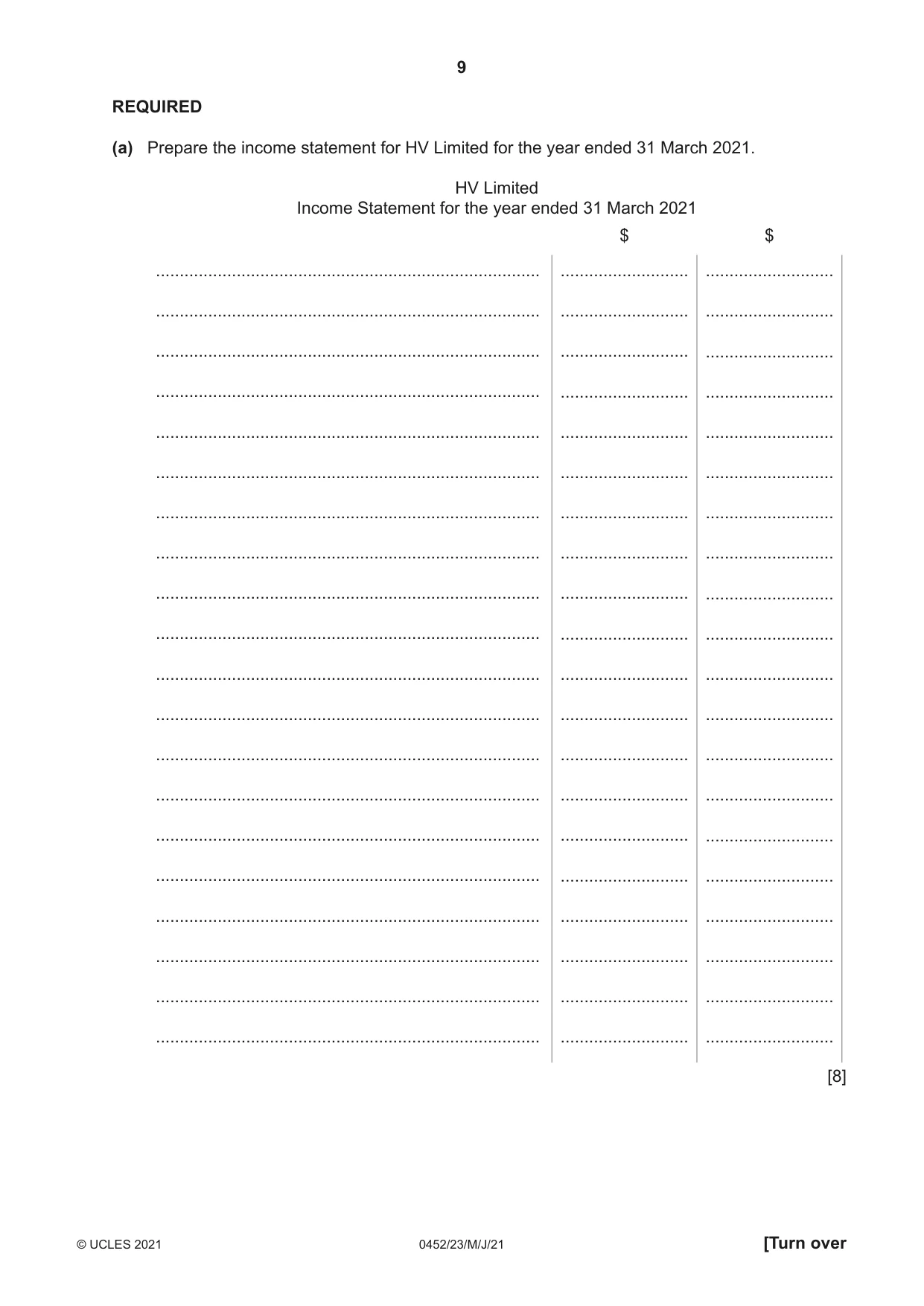 Cambridge IGCSE Accounting 0452 2021 May/June Paper 2 · Variant 3 question paper, page 9 of 16