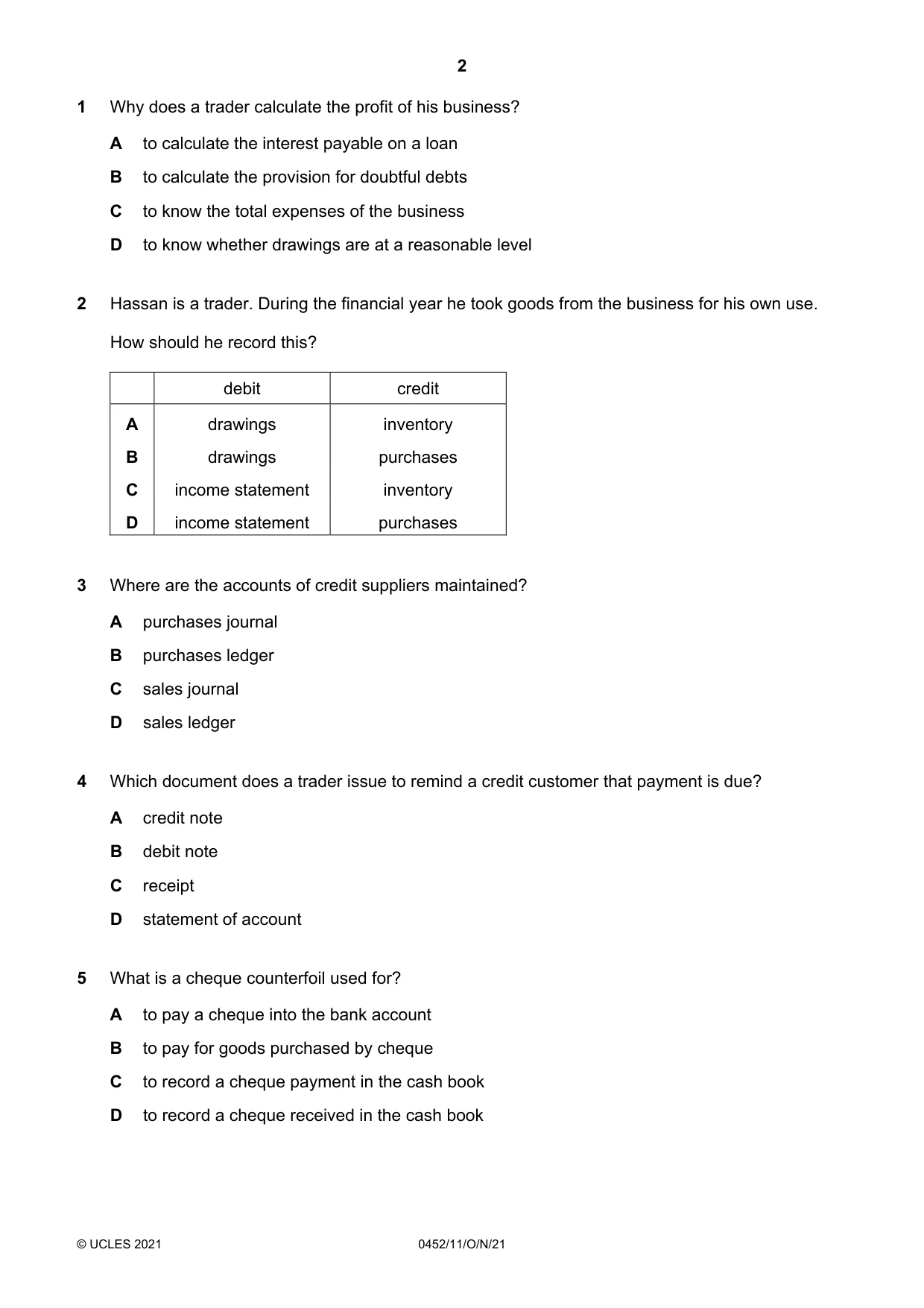 Cambridge IGCSE Accounting 0452 2021 Oct/Nov Paper 1 · Variant 1 question paper, page 2 of 12
