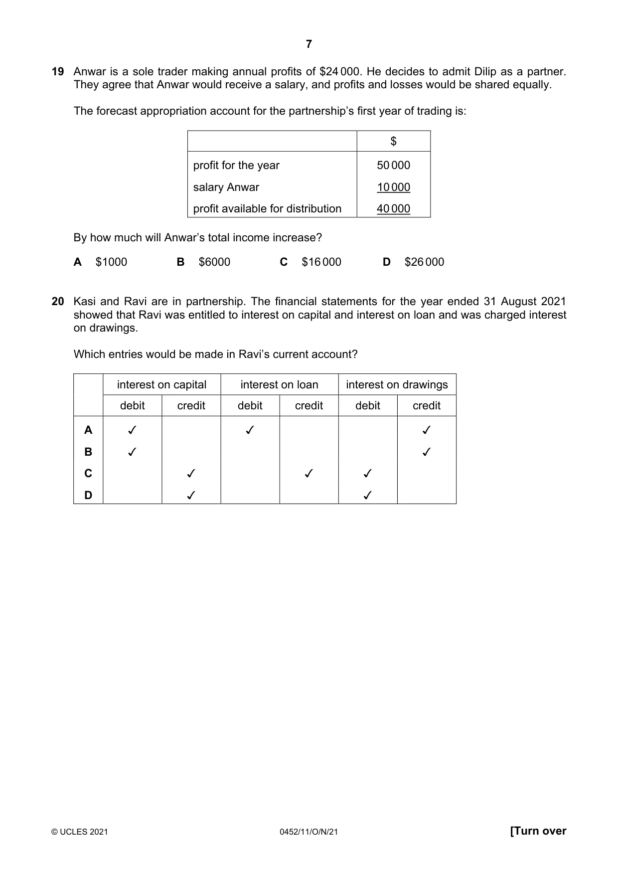 Cambridge IGCSE Accounting 0452 2021 Oct/Nov Paper 1 · Variant 1 question paper, page 7 of 12