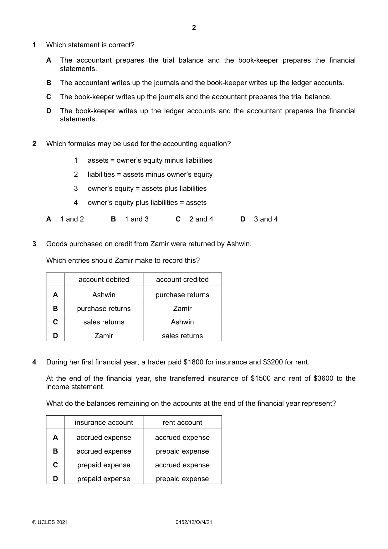 Cambridge IGCSE Accounting 0452 2021 Oct/Nov Paper 1 · Variant 2 question paper, page 2 of 12