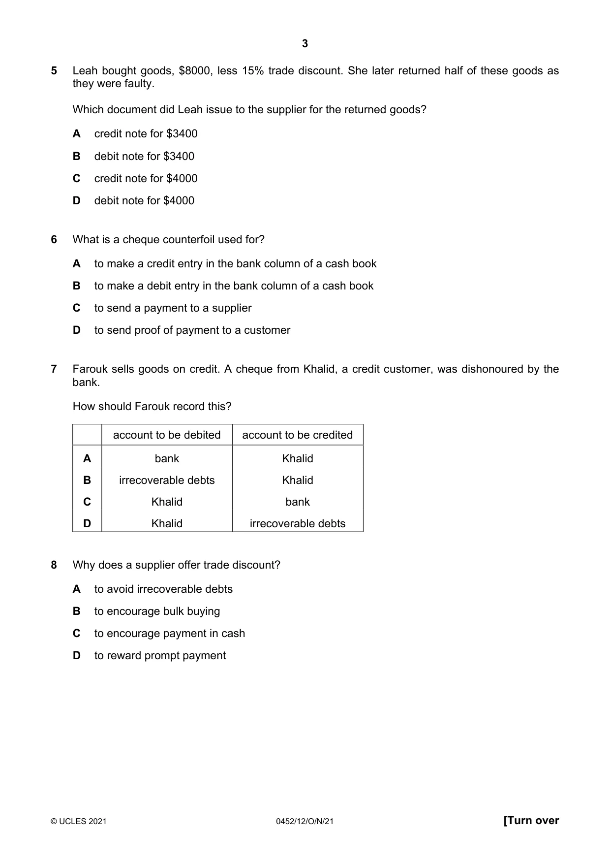 Cambridge IGCSE Accounting 0452 2021 Oct/Nov Paper 1 · Variant 2 question paper, page 3 of 12