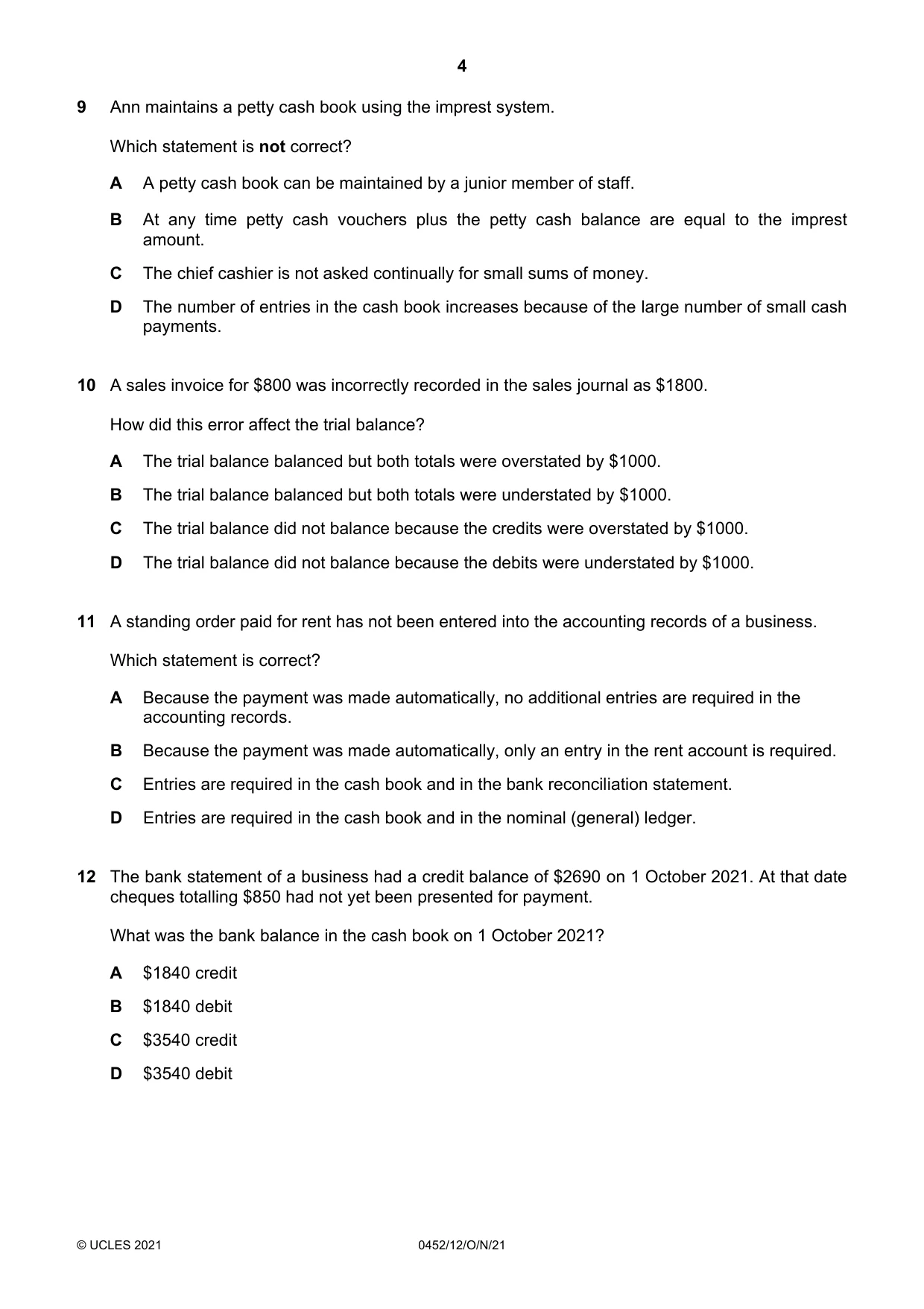 Cambridge IGCSE Accounting 0452 2021 Oct/Nov Paper 1 · Variant 2 question paper, page 4 of 12