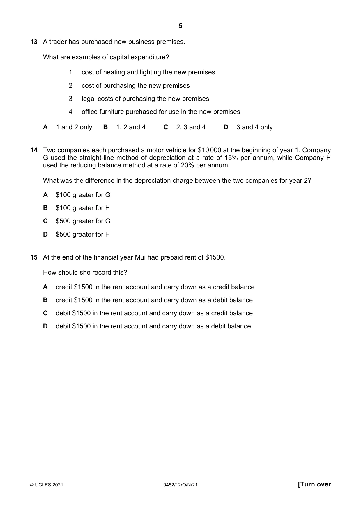 Cambridge IGCSE Accounting 0452 2021 Oct/Nov Paper 1 · Variant 2 question paper, page 5 of 12