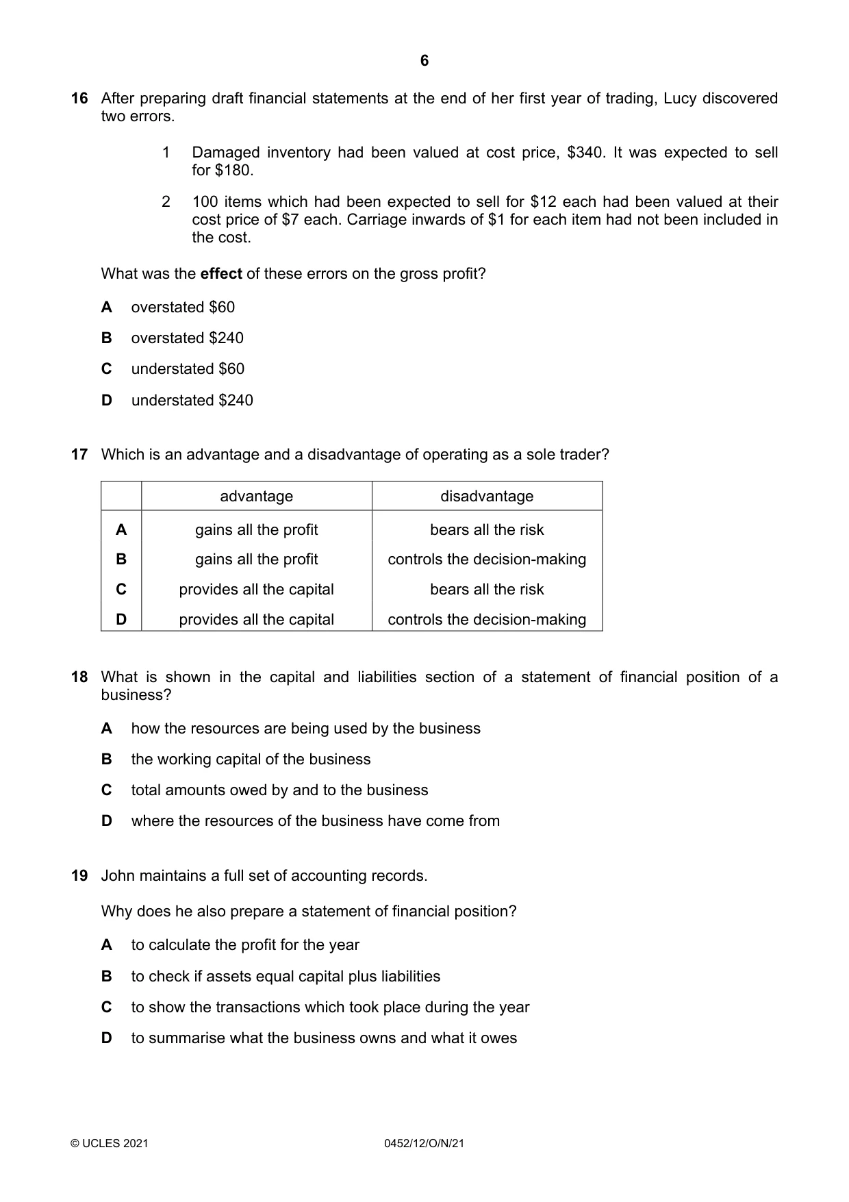 Cambridge IGCSE Accounting 0452 2021 Oct/Nov Paper 1 · Variant 2 question paper, page 6 of 12
