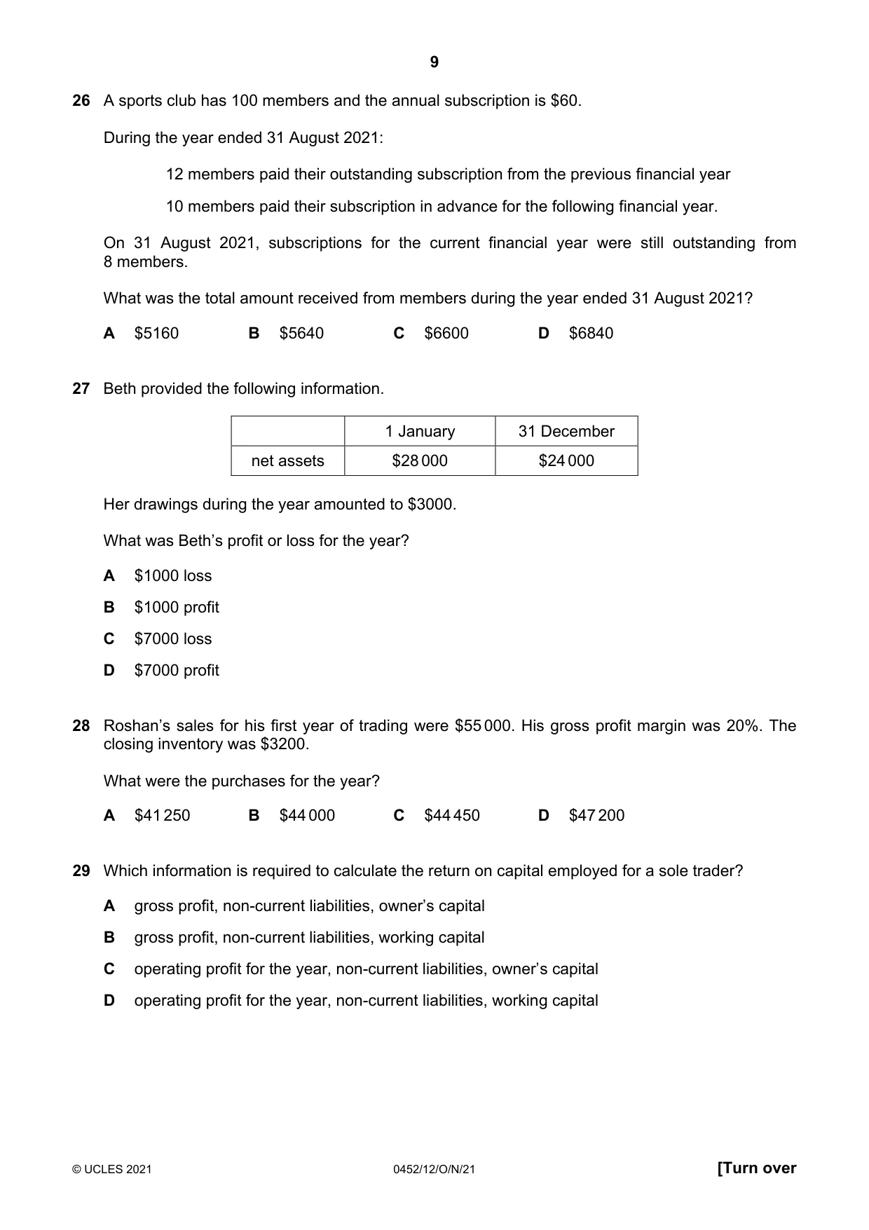 Cambridge IGCSE Accounting 0452 2021 Oct/Nov Paper 1 · Variant 2 question paper, page 9 of 12