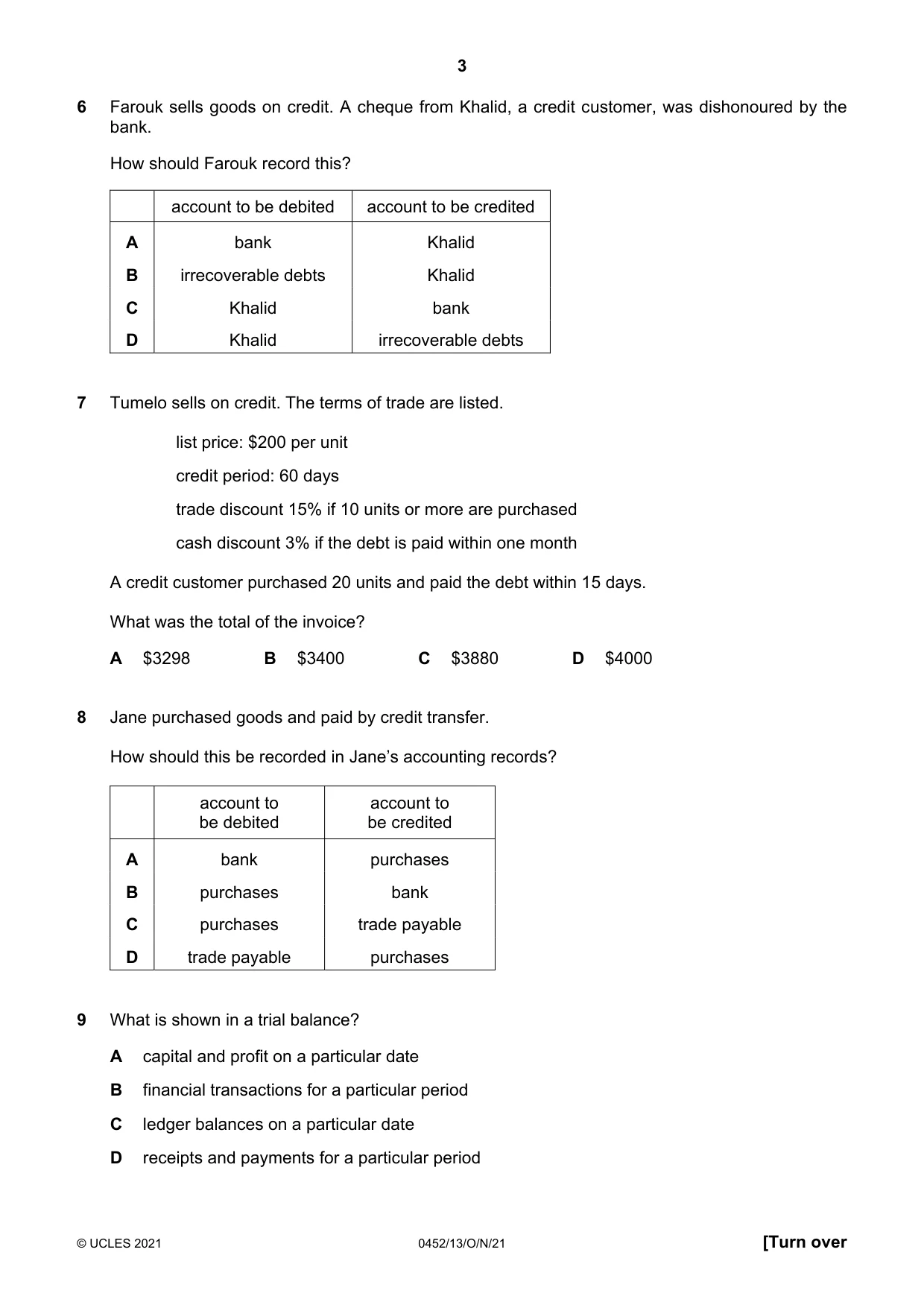 Cambridge IGCSE Accounting 0452 2021 Oct/Nov Paper 1 · Variant 3 question paper, page 3 of 12
