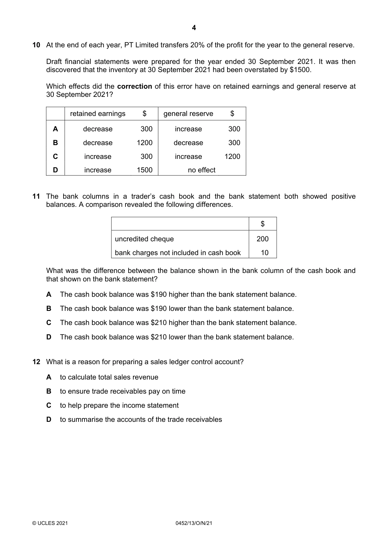 Cambridge IGCSE Accounting 0452 2021 Oct/Nov Paper 1 · Variant 3 question paper, page 4 of 12