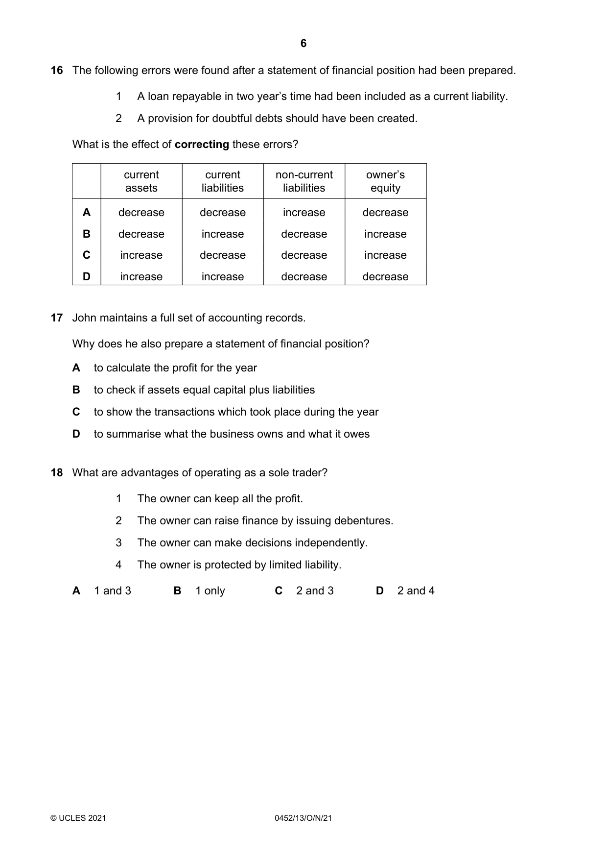 Cambridge IGCSE Accounting 0452 2021 Oct/Nov Paper 1 · Variant 3 question paper, page 6 of 12
