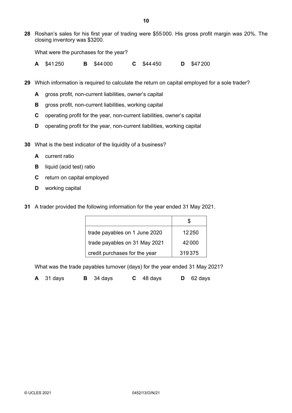 Cambridge IGCSE Accounting 0452 2021 Oct/Nov Paper 1 · Variant 3 question paper, page 10 of 12