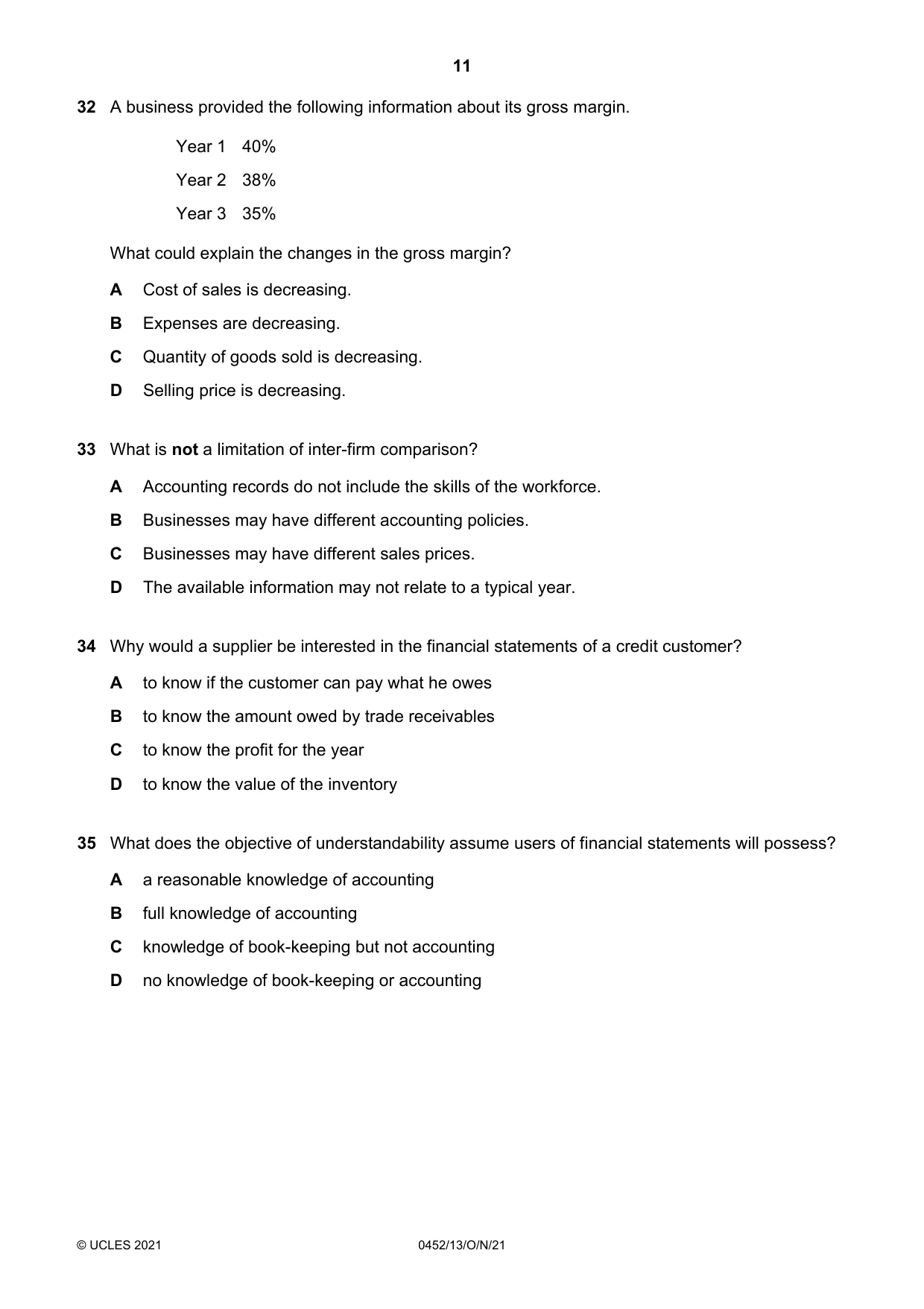 Cambridge IGCSE Accounting 0452 2021 Oct/Nov Paper 1 · Variant 3 question paper, page 11 of 12