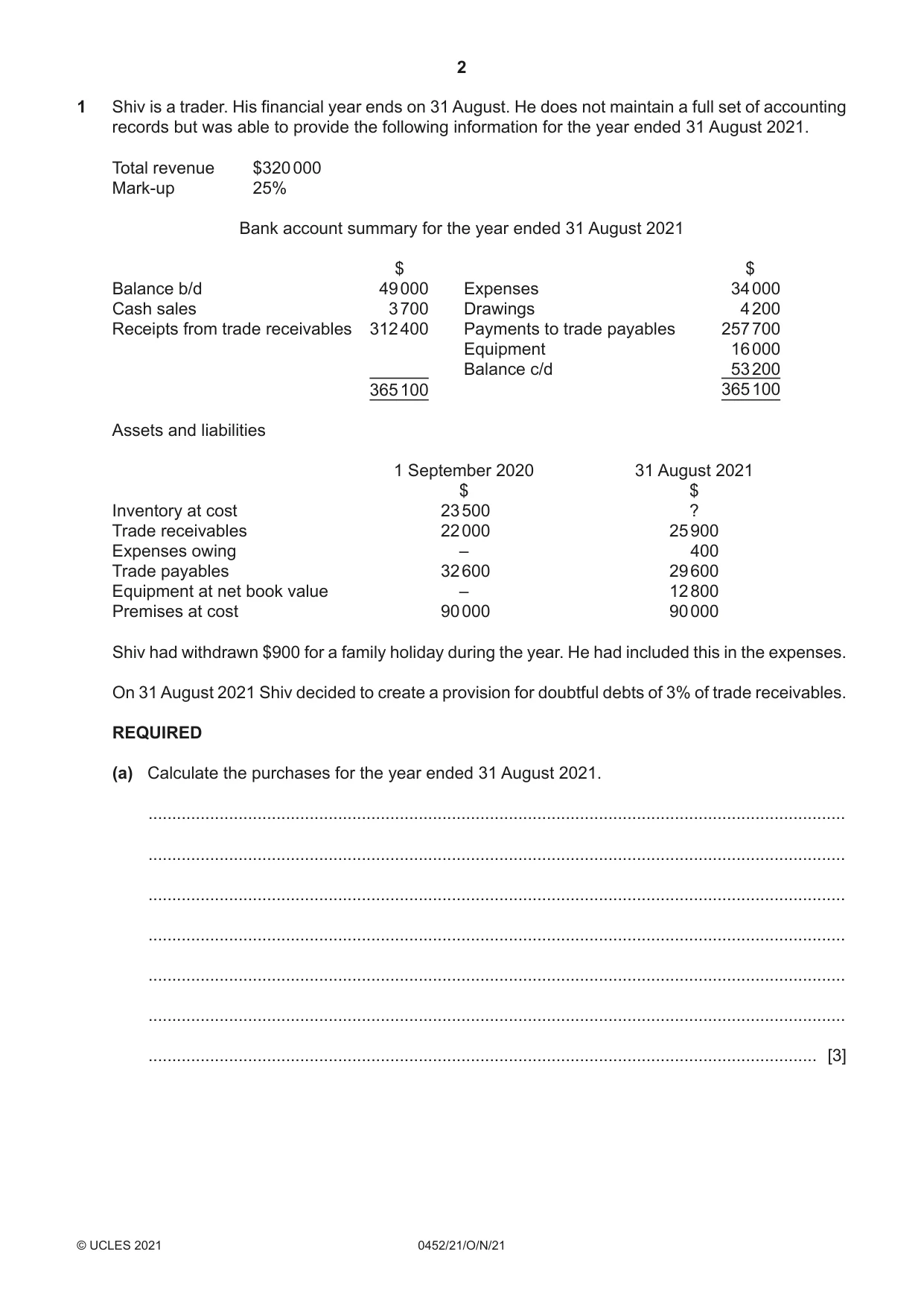 Cambridge IGCSE Accounting 0452 2021 Oct/Nov Paper 2 · Variant 1 question paper, page 2 of 20