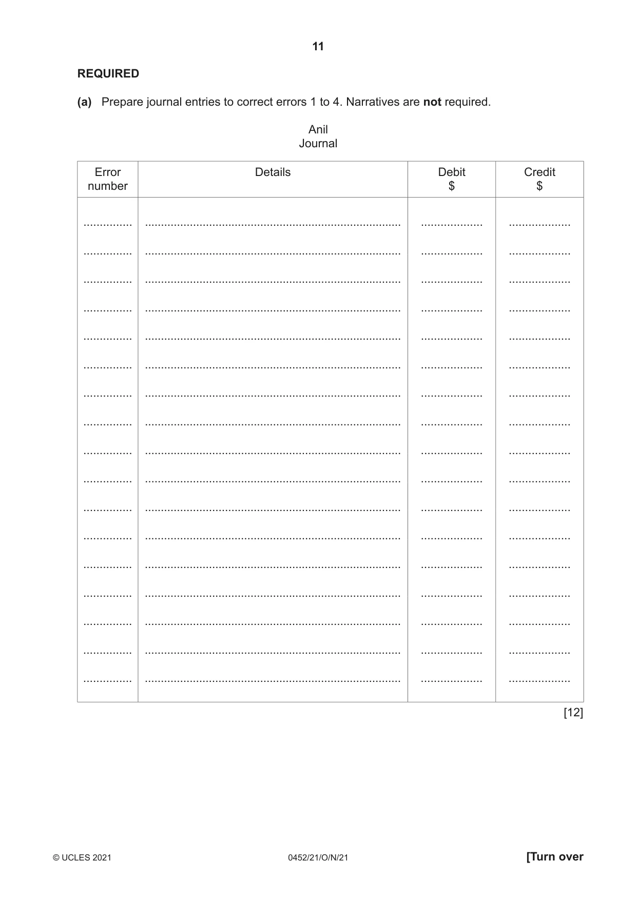 Cambridge IGCSE Accounting 0452 2021 Oct/Nov Paper 2 · Variant 1 question paper, page 11 of 20