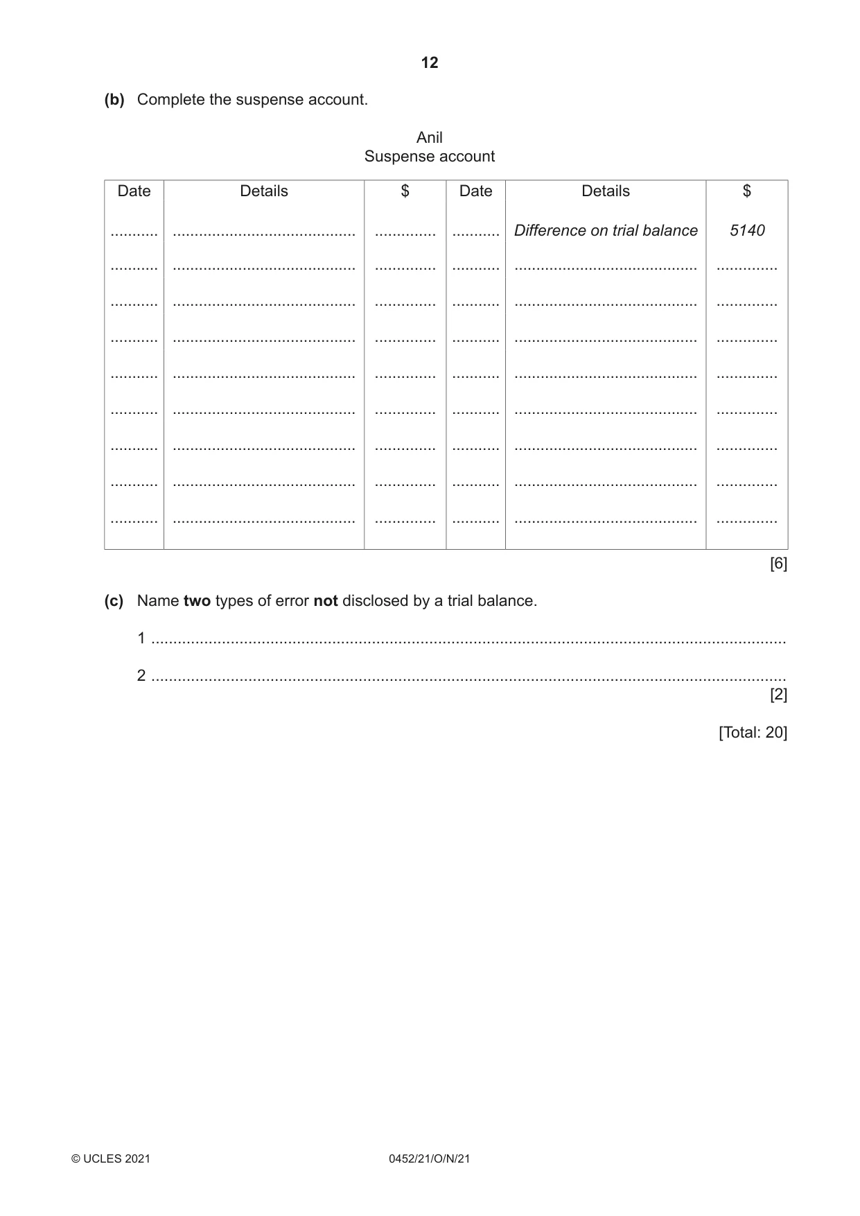 Cambridge IGCSE Accounting 0452 2021 Oct/Nov Paper 2 · Variant 1 question paper, page 12 of 20