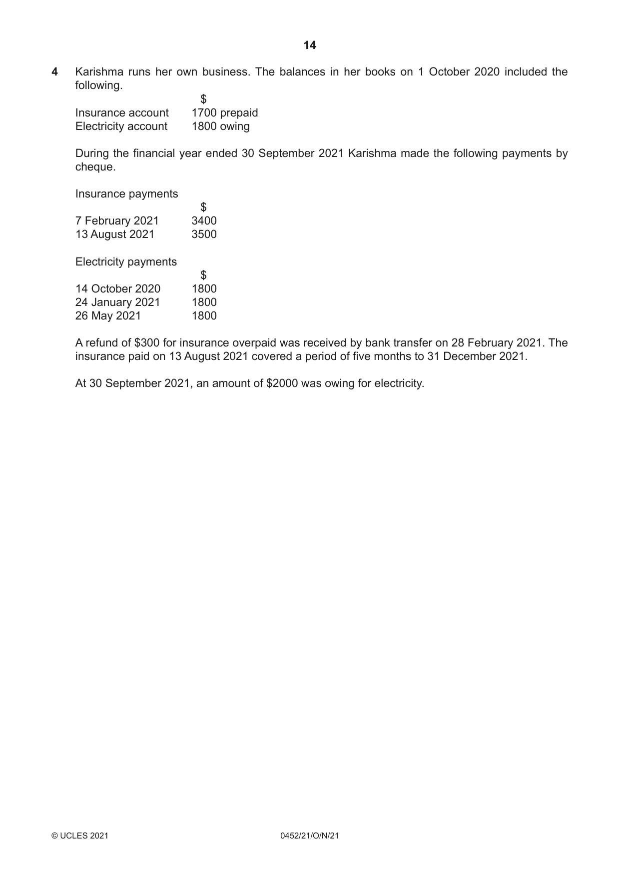 Cambridge IGCSE Accounting 0452 2021 Oct/Nov Paper 2 · Variant 1 question paper, page 14 of 20