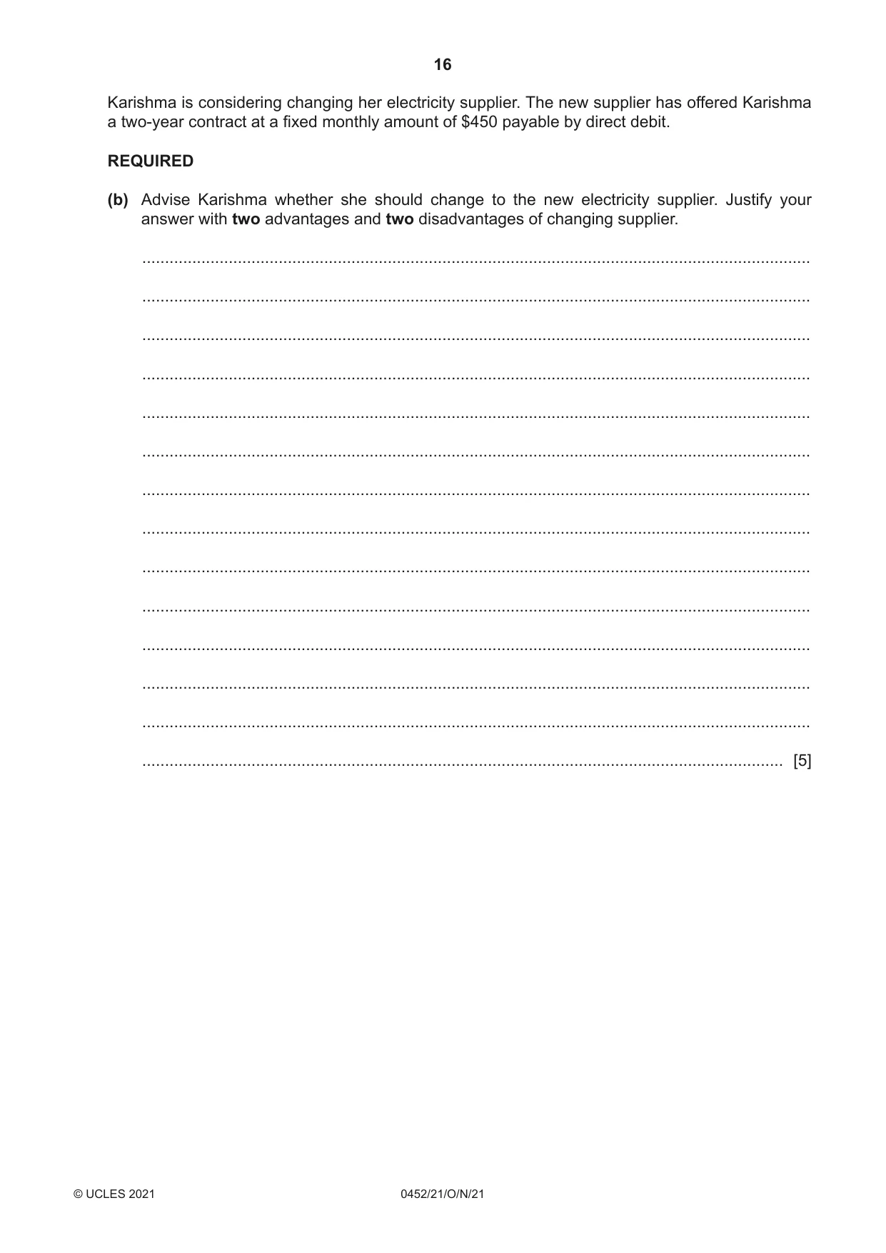 Cambridge IGCSE Accounting 0452 2021 Oct/Nov Paper 2 · Variant 1 question paper, page 16 of 20