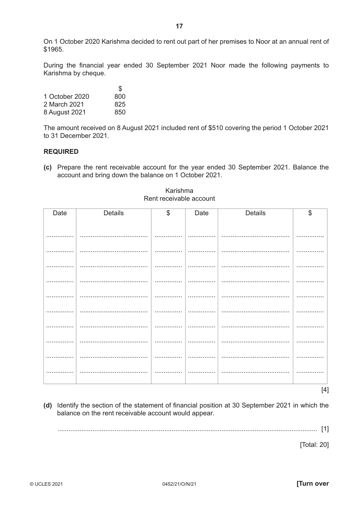Cambridge IGCSE Accounting 0452 2021 Oct/Nov Paper 2 · Variant 1 question paper, page 17 of 20