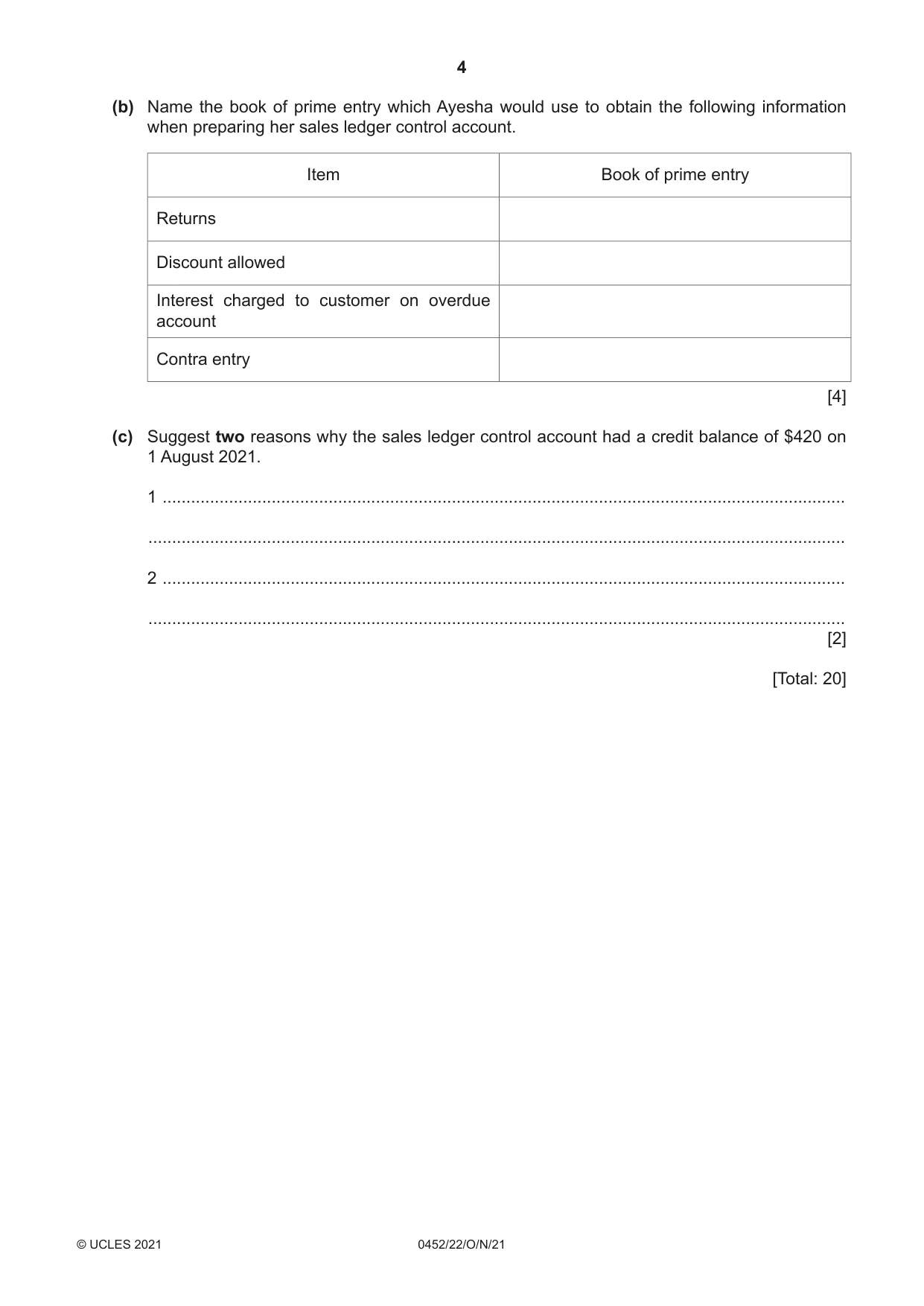 Cambridge IGCSE Accounting 0452 2021 Oct/Nov Paper 2 · Variant 2 question paper, page 4 of 20
