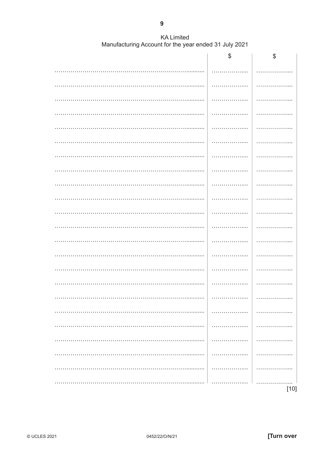 Cambridge IGCSE Accounting 0452 2021 Oct/Nov Paper 2 · Variant 2 question paper, page 9 of 20