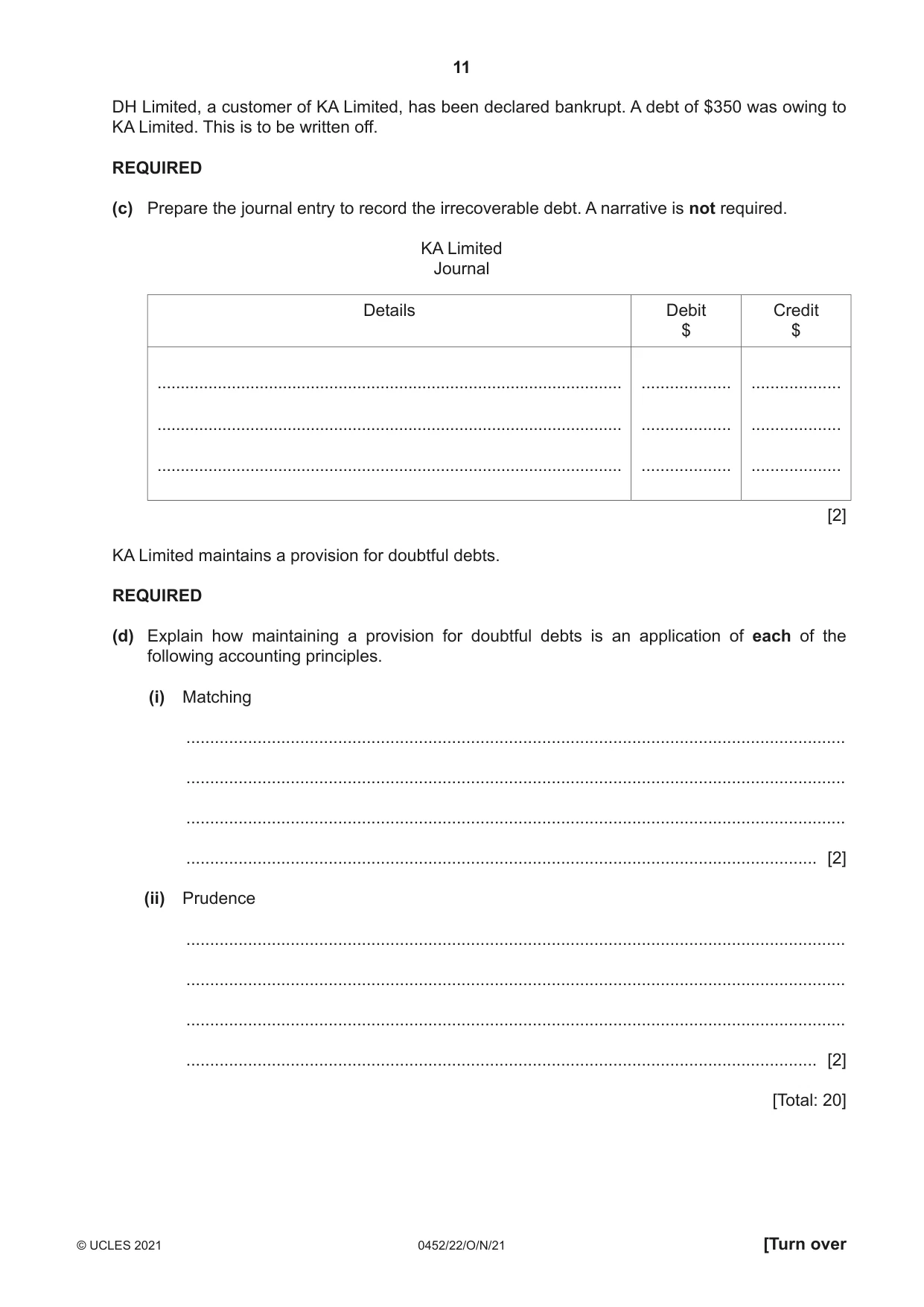Cambridge IGCSE Accounting 0452 2021 Oct/Nov Paper 2 · Variant 2 question paper, page 11 of 20