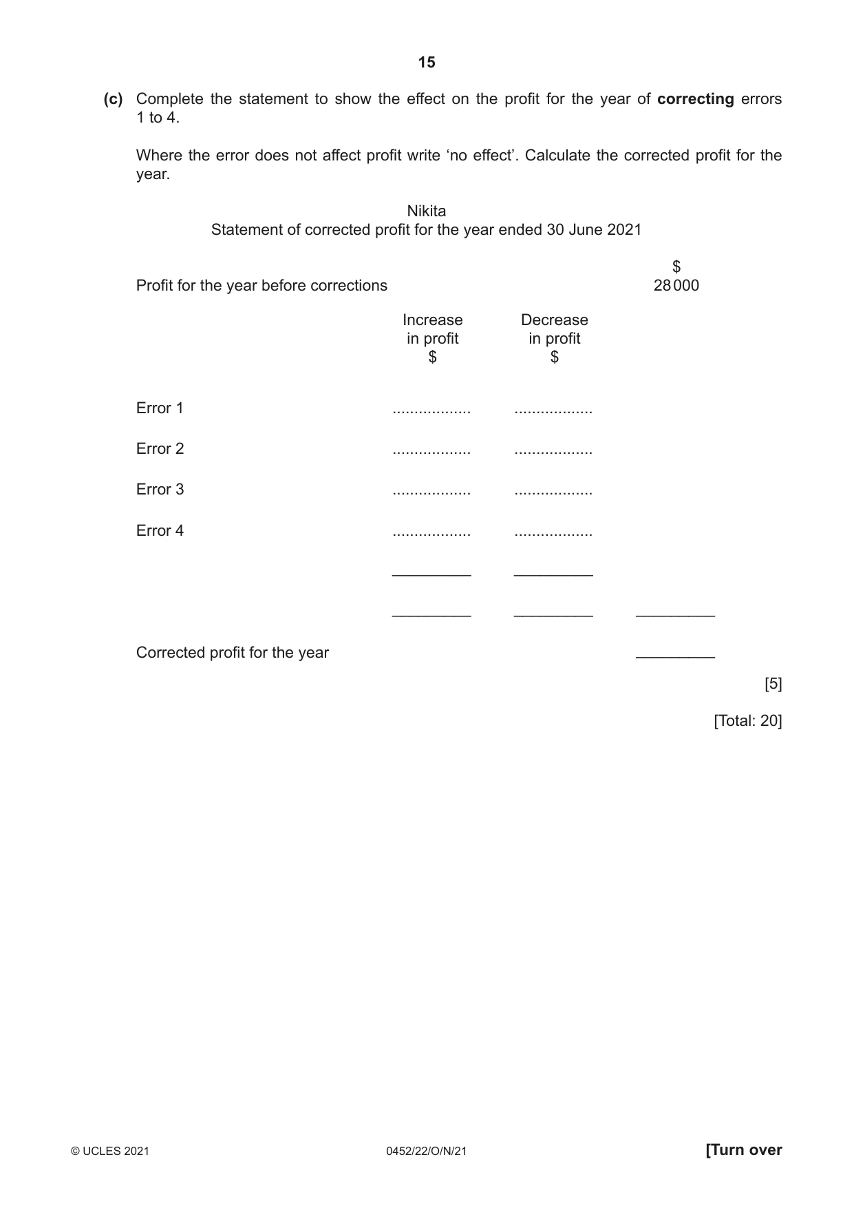 Cambridge IGCSE Accounting 0452 2021 Oct/Nov Paper 2 · Variant 2 question paper, page 15 of 20