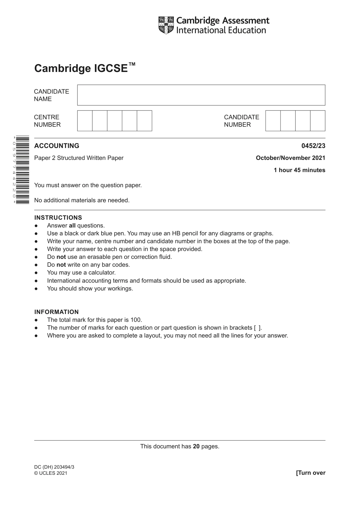 Cambridge IGCSE Accounting 0452 2021 Oct/Nov Paper 2 · Variant 3 question paper, page 1 of 20