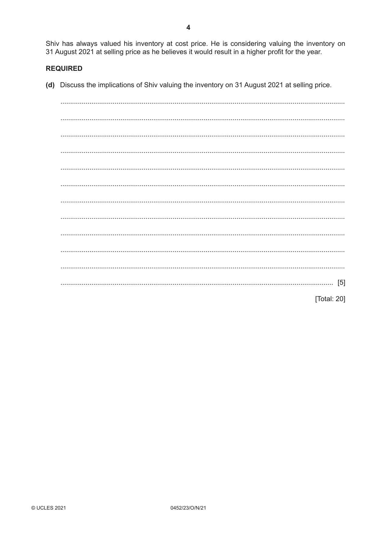 Cambridge IGCSE Accounting 0452 2021 Oct/Nov Paper 2 · Variant 3 question paper, page 4 of 20