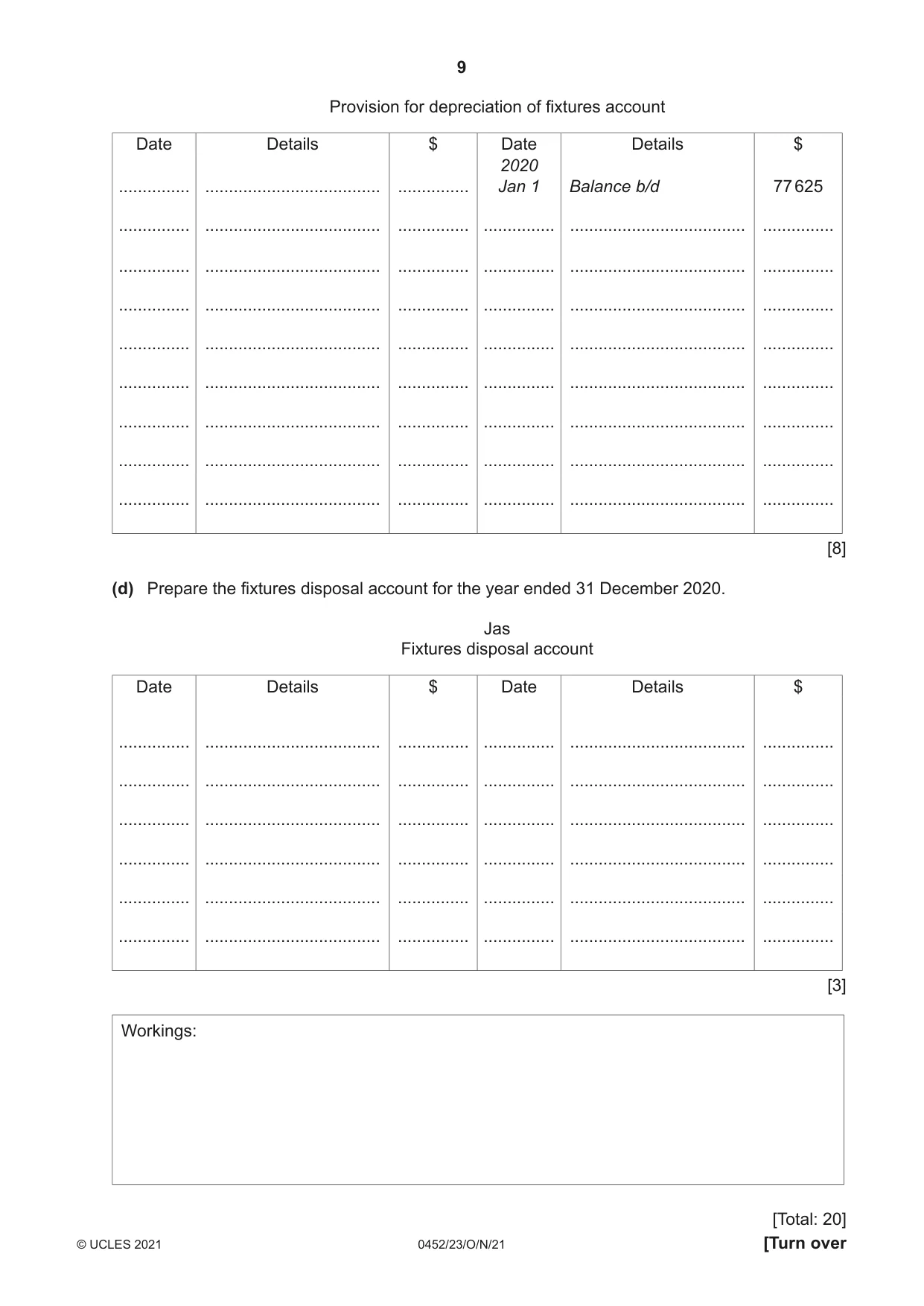 Cambridge IGCSE Accounting 0452 2021 Oct/Nov Paper 2 · Variant 3 question paper, page 9 of 20
