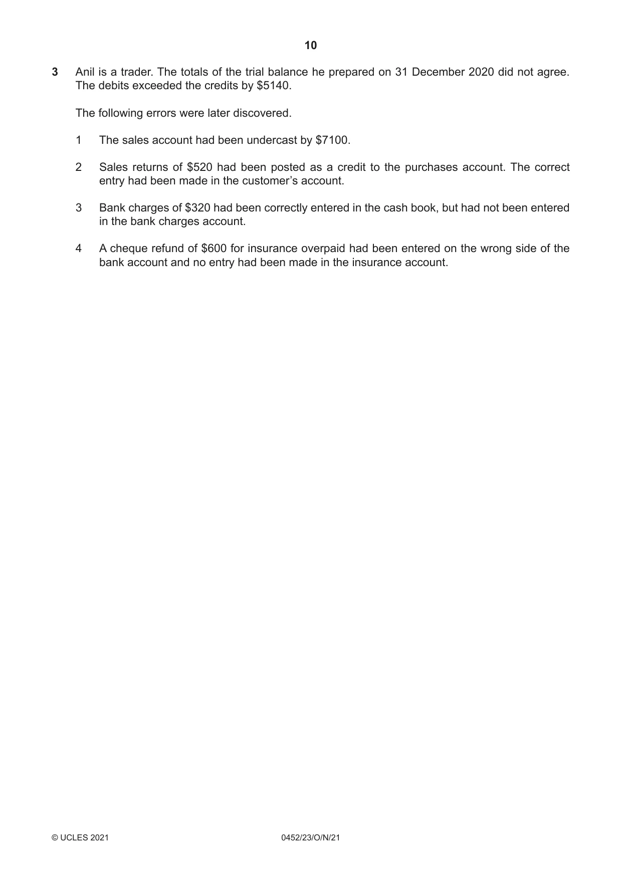 Cambridge IGCSE Accounting 0452 2021 Oct/Nov Paper 2 · Variant 3 question paper, page 10 of 20