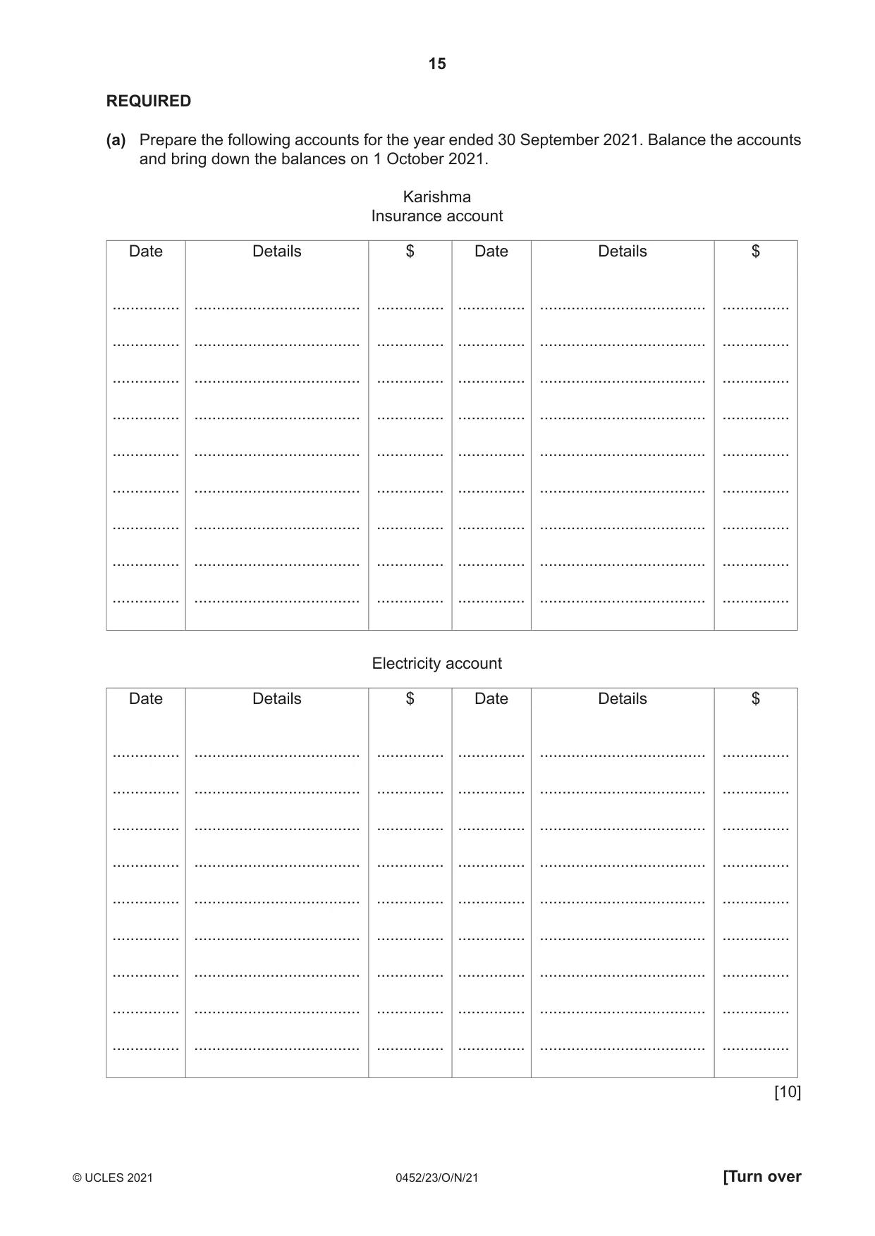 Cambridge IGCSE Accounting 0452 2021 Oct/Nov Paper 2 · Variant 3 question paper, page 15 of 20