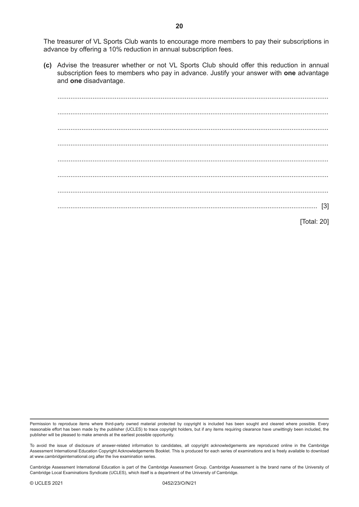 Cambridge IGCSE Accounting 0452 2021 Oct/Nov Paper 2 · Variant 3 question paper, page 20 of 20